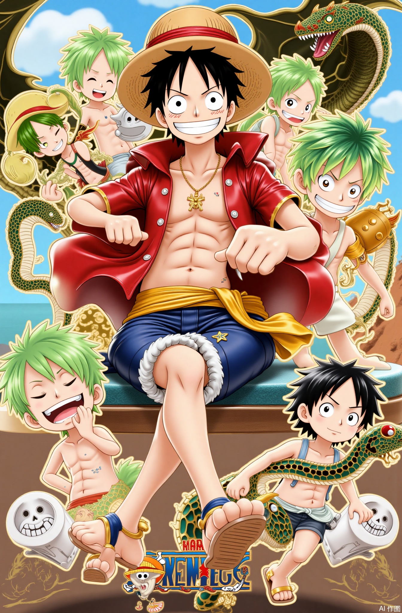 monkey d. luffy, hat, male focus, black hair, straw hat, smile, scar, 3boys, multiple boys, sandals, chibi, shorts, green hair, snake, v-shaped eyebrows, dragon