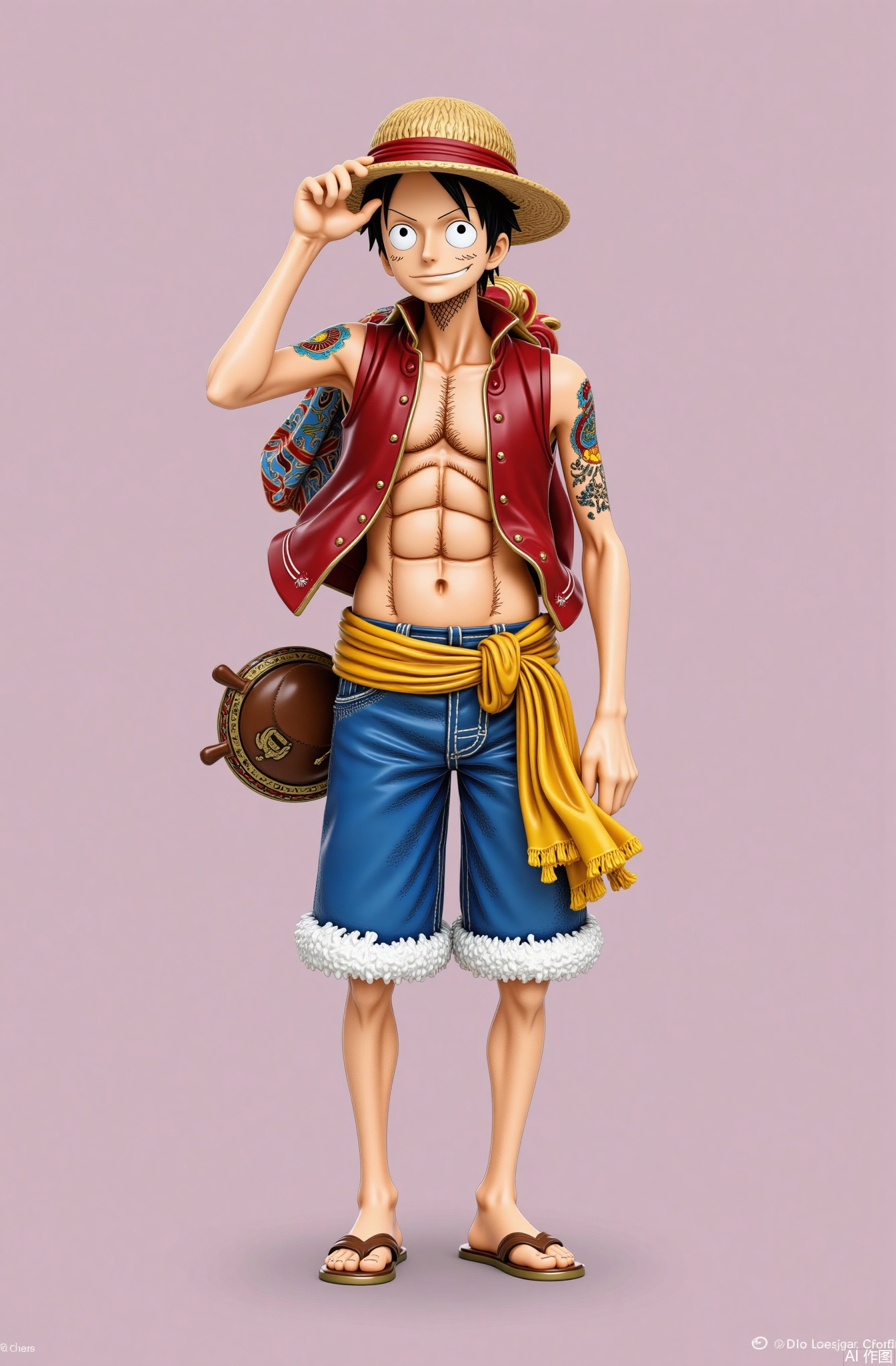 monkey d. luffy, hat, 1boy, straw hat, male focus, black hair, shorts, scar, smile, sandals