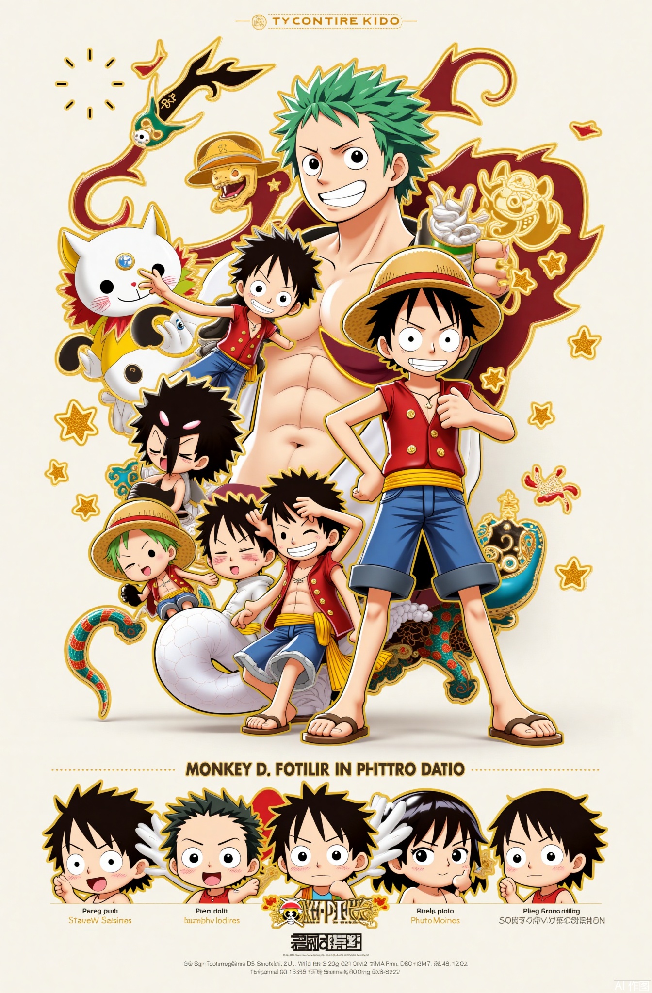 monkey d. luffy, hat, male focus, black hair, straw hat, smile, scar, 3boys, multiple boys, sandals, chibi, shorts, green hair, snake, v-shaped eyebrows, dragon