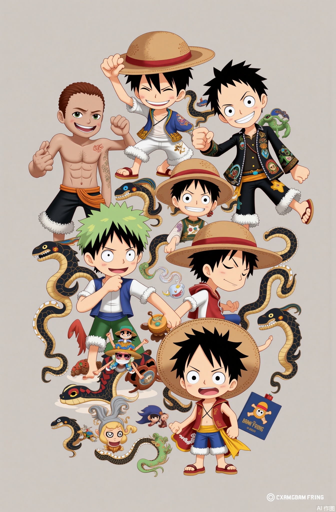 monkey d. luffy, hat, male focus, black hair, straw hat, smile, scar, 3boys, multiple boys, sandals, chibi, shorts, green hair, snake, v-shaped eyebrows, dragon