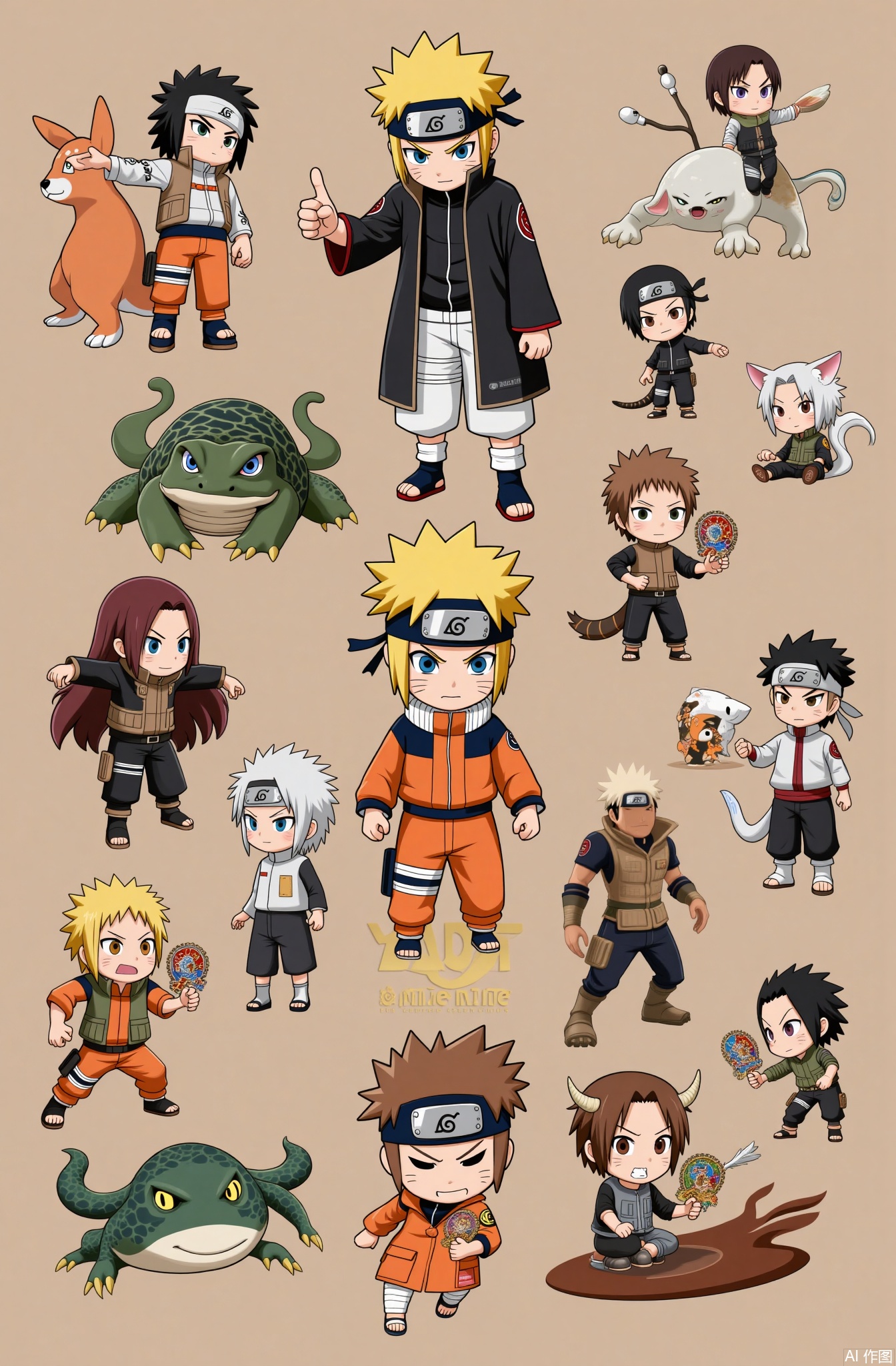 Naruto Uzumaki, headband, male - centered, blond hair, ninja headband, determined look, whisker - like marks, 4 boys, several male companions, ninja sandals, chibi, orange jumpsuit, blue - eyed toad, slanted eyebrows, nine - tailed fox