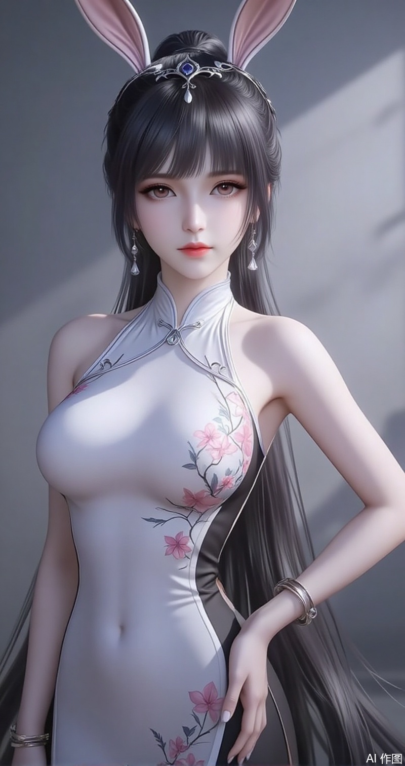 lvjing,baoshi,xiaowu,animal ears,rabbit ears,hair ornament,ponytail,long hair,black hair,closed mouth,bangs,
1girl,jewelry,solo,dress,earrings,breasts,hand on own hip,china dress,chinese clothes,looking at viewer,bracelet,floral print,white dress:black dress,large breasts,sleeveless,covered navel,bare shoulders,closed mouth,taut dress,taut clothes,cowboy shot,lips,sleeveless dress,side slit,30,simple background,gradient background,close-up details,outstanding style,adding a touch of dimension to your images without compromising details,close-up,