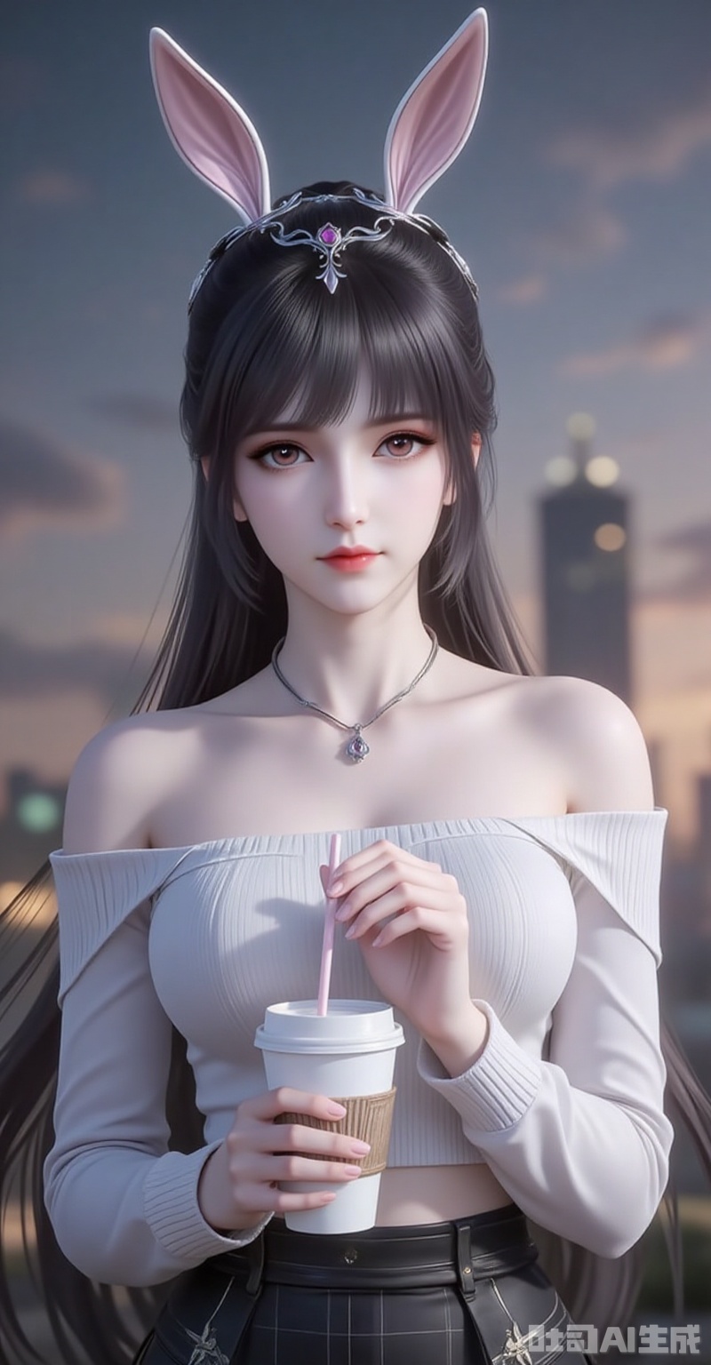 xiaowu,animal ears,rabbit ears,hair ornament,ponytail,long hair,black hair,closed mouth,bangs,cover,1girl,solo,skirt,off shoulder,off-shoulder sweater,jewelry,white sweater,necklace,cup,bare shoulders,holding,sweater,disposable cup,breasts,black skirt,plaid skirt,collarbone,plaid,blurry background,crop top,holding cup,blurry,midriff,long sleeves,large breasts,cover,gradient background,close-up details,outstanding style,adding a touch of dimension to your images without compromising details,close-up

