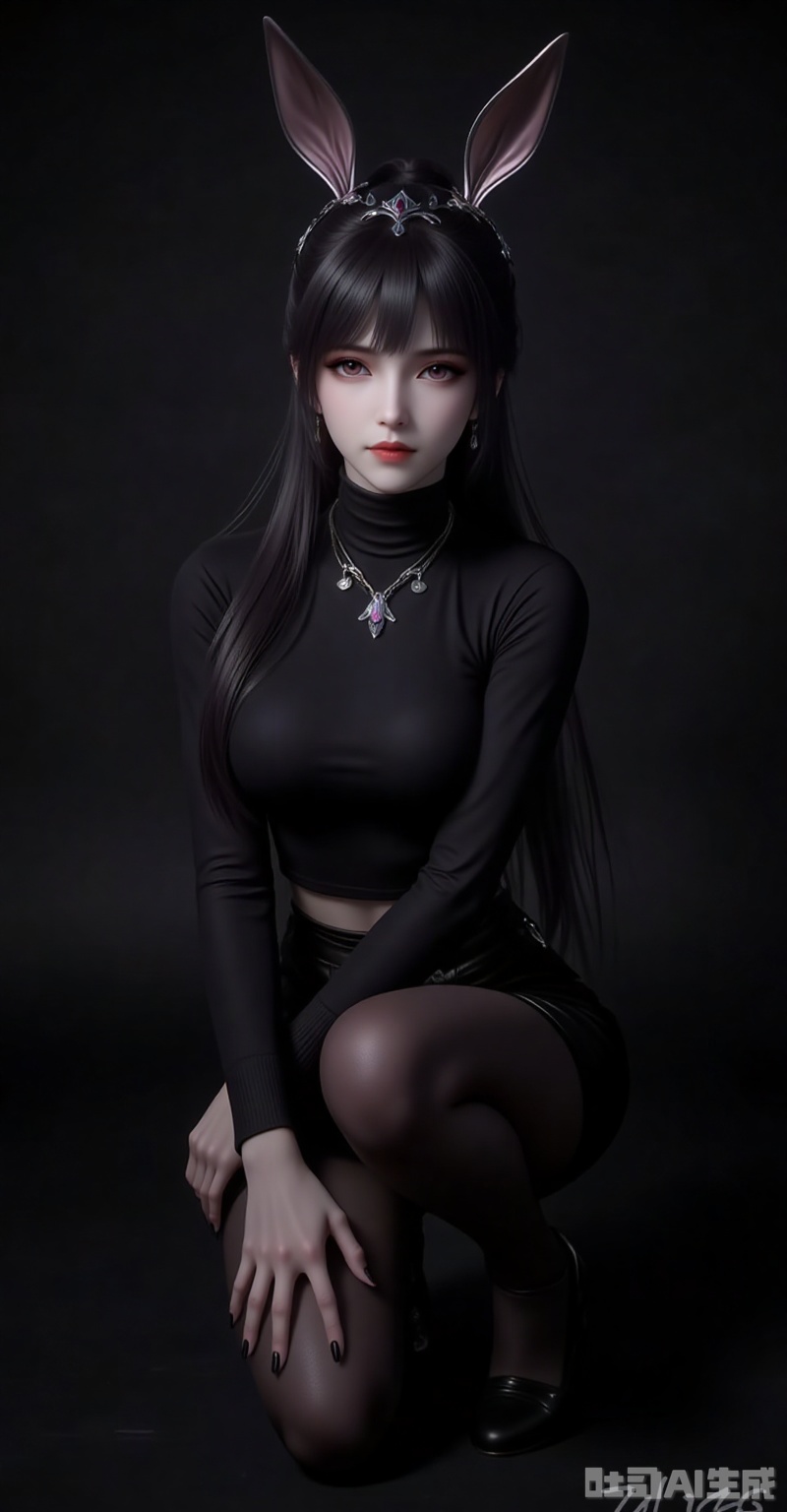 xiaowu,animal ears,rabbit ears,hair ornament,ponytail,long hair,black hair,closed mouth,bangs,cover,1girl,solo,pantyhose,high heels,looking at viewer,black footwear,squatting,sweater,quad tails,full body,parted lips,black sweater,earrings,signature,black nails,long sleeves,parted bangs,jewelry,pencil skirt,skirt,bangs,turtleneck,nail polish,black pantyhose,dress,(Black background:1.2),simple background,

