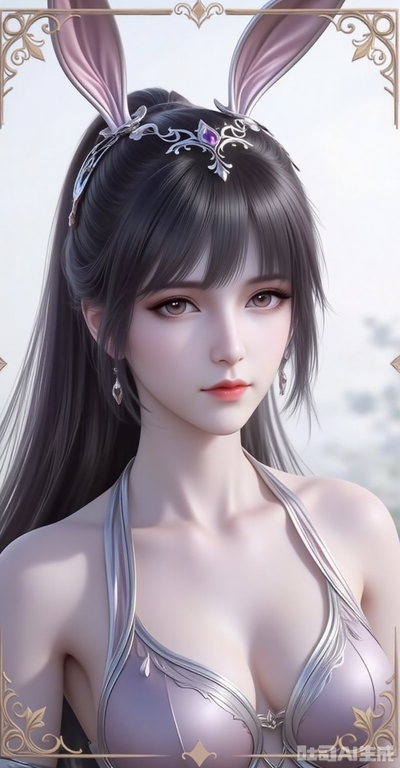 xiaowu,animal ears,rabbit ears,hair ornament,ponytail,long hair,black hair,closed mouth,bangs,
1girl,solo,earrings,jewelry,looking at viewer,breasts,tarot,collarbone,upper body,dress,closed mouth,card \(medium\),tarot \(medium\),frills,border,
cover,gradient background,close-up details,outstanding style,adding a touch of dimension to your images without compromising details,close-up,white_background,simple background,

