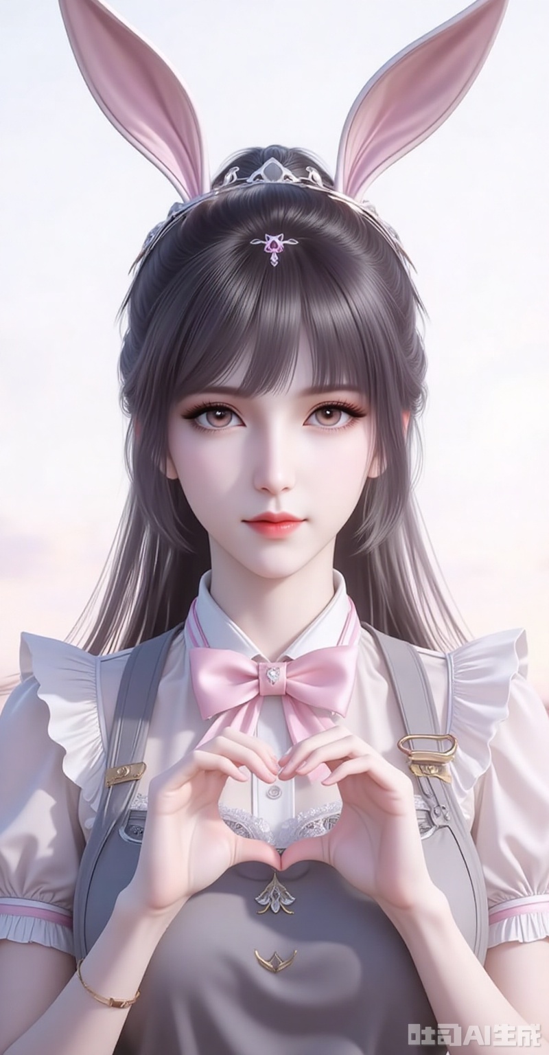 xiaowu,animal ears,rabbit ears,hair ornament,ponytail,long hair,black hair,closed mouth,bangs,1girl,solo,bandaid on hand,butterfly hair ornament,heart,long hair,apron,open mouth,pink bowtie,hair ornament,white background,pink bow,short sleeves,dress,simple background,bow,striped bow,hair between eyes,bandaid,shadow,puffy sleeves,frills,puffy short sleeves,heart hands,bowtie,hands up,grey apron,smile,looking at viewer,striped bowtie,symbol-shaped pupils,heart-shaped pupils,symbol in eye,tongue,grey bow, cover,gradient background,close-up details,outstanding style,adding a touch of dimension to your images without compromising details,close-up,,lvjing,,