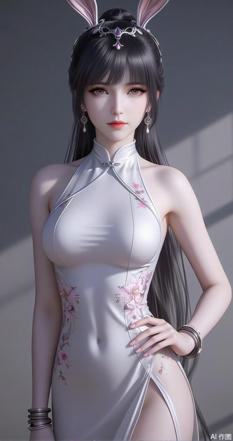 lvjing,baoshi,animal ears,rabbit ears,hair ornament,ponytail,long hair,black hair,closed mouth,bangs,
1girl,jewelry,solo,dress,earrings,breasts,hand on own hip,china dress,chinese clothes,looking at viewer,bracelet,floral print,white dress:black dress,large breasts,sleeveless,covered navel,bare shoulders,closed mouth,taut dress,taut clothes,cowboy shot,lips,sleeveless dress,side slit,30,simple background,gradient background,close-up details,outstanding style,adding a touch of dimension to your images without compromising details,close-up,