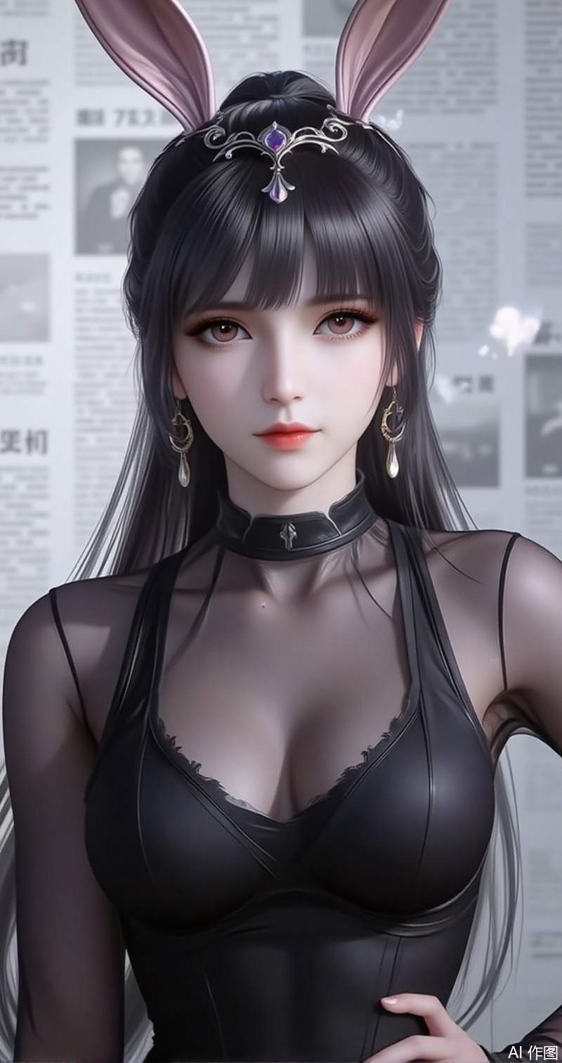 lvjing,baoshi,xiaowu,animal ears,rabbit ears,hair ornament,ponytail,long hair,black hair,closed mouth,bangs,
1girl,solo,jewelry,earrings,see-through,dress,upper body,black dress,hand on own hip,breasts,see-through sleeves,13,cover,simple background,gradient background,close-up details,outstanding style,adding a touch of dimension to your images without compromising details,close-up baozhi,paper,newspaper,the newspaper wall,newspaper background,