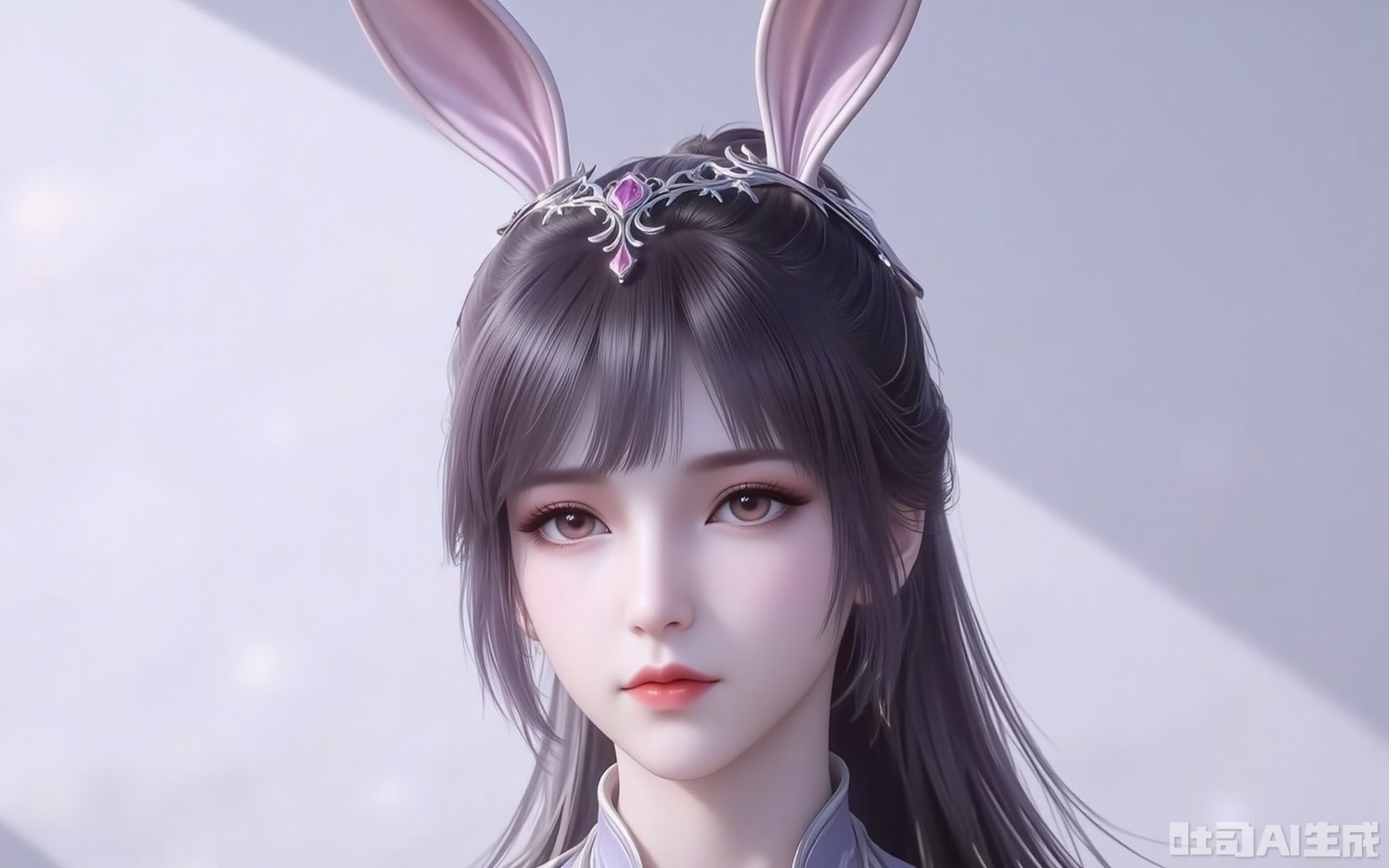 xiaowu,animal ears,rabbit ears,hair ornament,ponytail,long hair,black hair,closed mouth,bangs,
1girl, 
cover,gradient background,close-up details,outstanding style,adding a touch of dimension to your images without compromising details,close-up,white_background,simple background,

