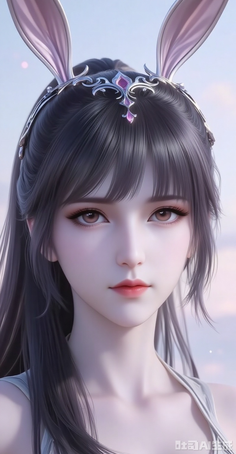 xiaowu,animal ears,rabbit ears,hair ornament,ponytail,long hair,black hair,closed mouth,bangs,
1girl, 
cover,gradient background,close-up details,outstanding style,adding a touch of dimension to your images without compromising details,close-up,white_background,simple background,

