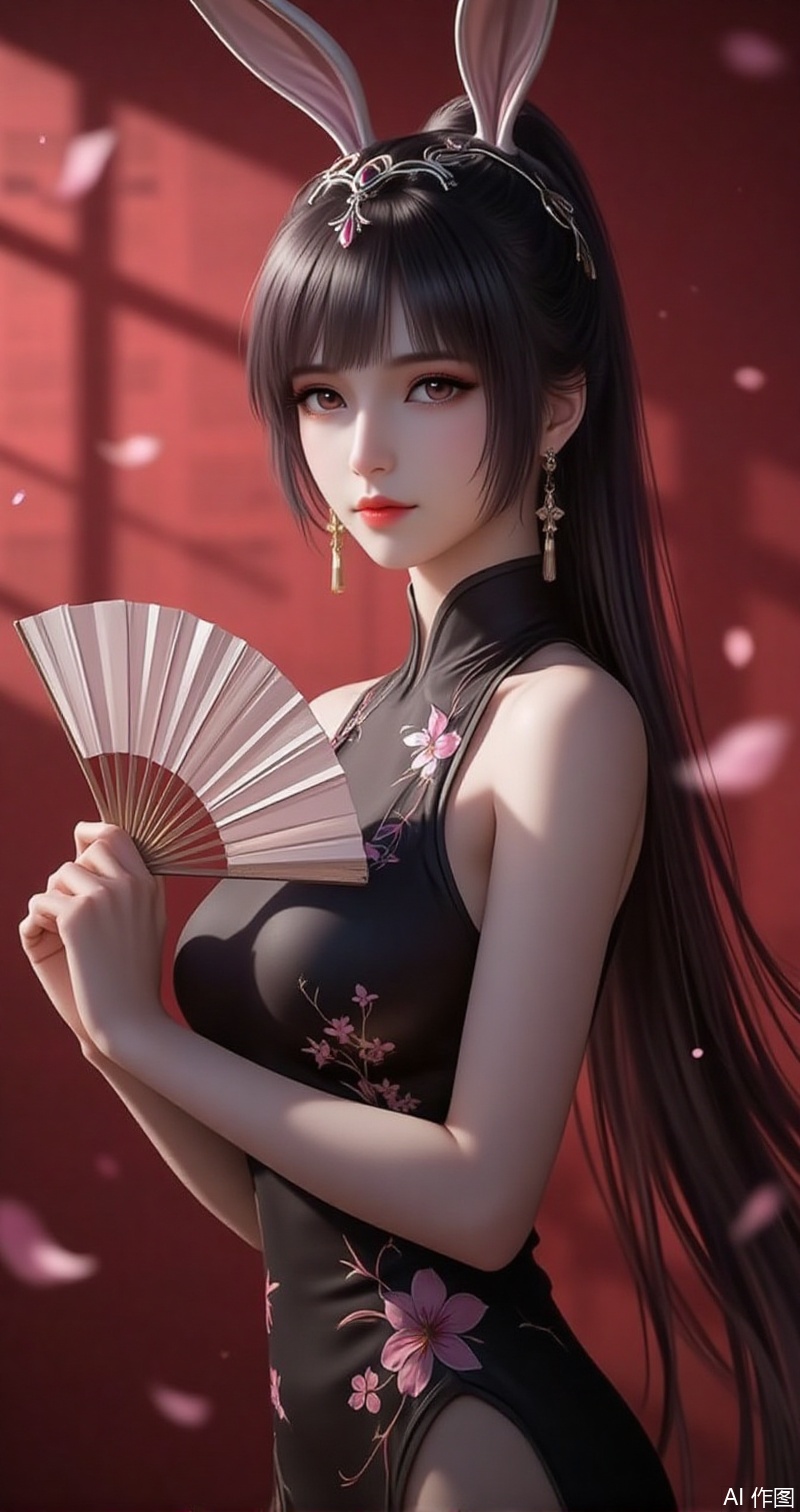 lvjing,baoshi,xiaowu,animal ears,rabbit ears,hair ornament,ponytail,long hair,black hair,closed mouth,bangs,
1girl,dress,hand fan,holding,solo,earrings,jewelry,chinese clothes,china dress,black dress,holding fan,floral print,blurry,sleeveless,looking at viewer,sleeveless dress,red background,folding fan,standing,head tilt,2,cover,simple background,gradient background,close-up details,outstanding style,adding a touch of dimension to your images without compromising details,close_up, baozhi,paper,newspaper,the newspaper wall,newspaper background,