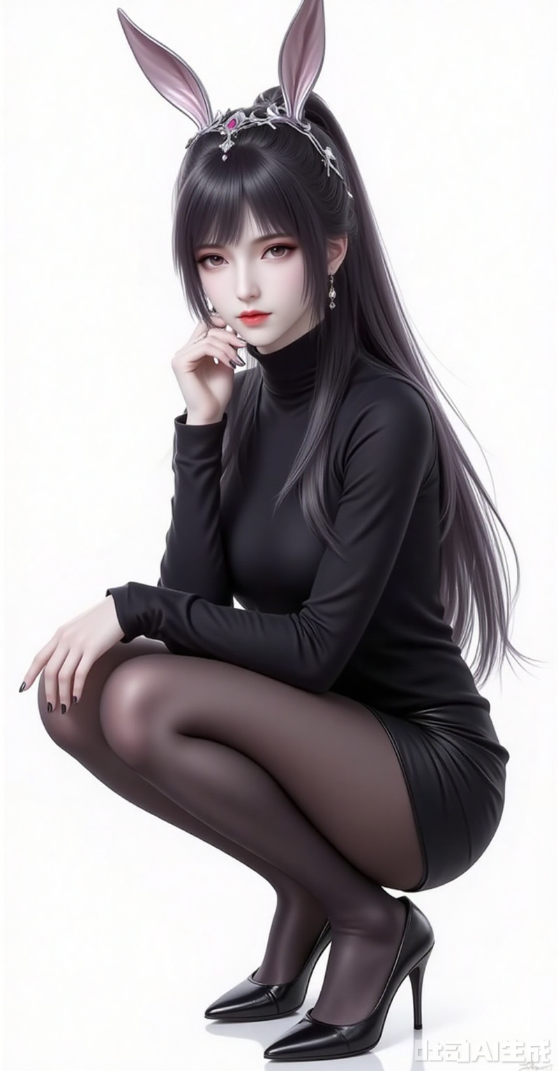 xiaowu,animal ears,rabbit ears,hair ornament,ponytail,long hair,black hair,closed mouth,bangs,cover,1girl,solo,pantyhose,high heels,looking at viewer,black footwear,squatting,sweater,quad tails,full body,parted lips,black sweater,earrings,signature,black nails,long sleeves,parted bangs,jewelry,pencil skirt,skirt,bangs,turtleneck,nail polish,black pantyhose,dress,(white background:1.2),simple background,

