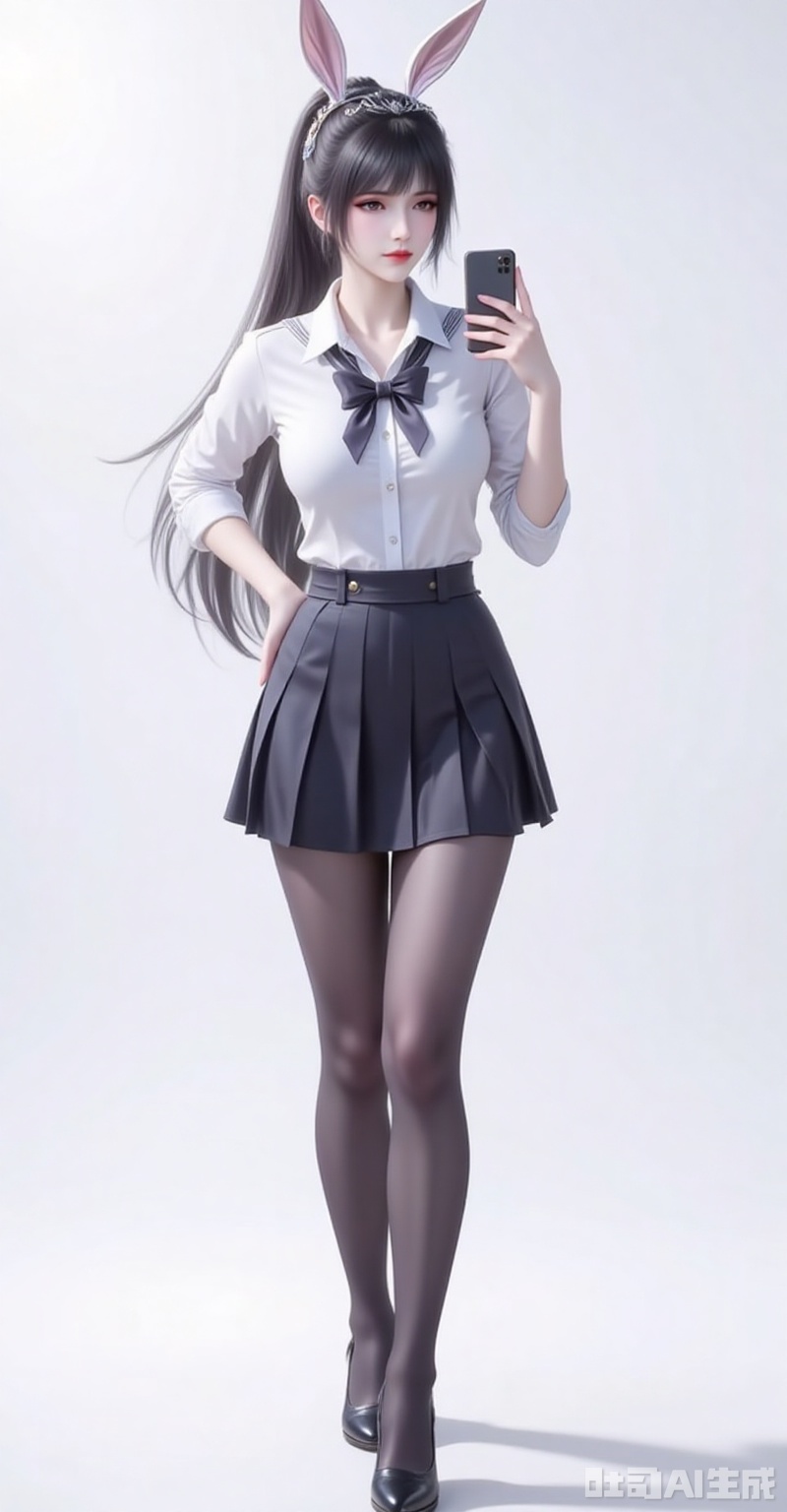 xiaowu,animal ears,rabbit ears,hair ornament,ponytail,long hair,black hair,closed mouth,bangs,
1girl, pantyhose, solo, school uniform, skirt, phone, selfie, cellphone, serafuku, smartphone, holding phone, black pantyhose, high heels, full body, holding, bow, crossed legs, standing, 3/4 view , 
cover,gradient background,close-up details,outstanding style,adding a touch of dimension to your images without compromising details,close-up,white_background,simple background,


