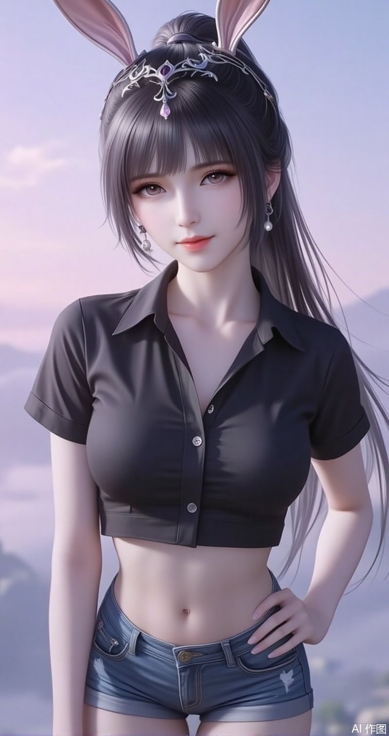 lvjing,baoshi,xiaowu,animal ears,rabbit ears,hair ornament,ponytail,long hair,black hair,closed mouth,bangs,
1girl,solo,shorts,earrings,jewelry,navel,crop top,shirt,midriff,cropped shirt,breasts,short shorts,black shirt,denim,looking at viewer,denim shorts,smile,hand on own hip,short sleeves,cowboy shot,large breasts,collarbone,blue shorts,closed mouth,pearl earrings,stomach,cutoffs,thighs,standing,27,cover,simple background,gradient background,close-up details,outstanding style,adding a touch of dimension to your images without compromising details,close-up