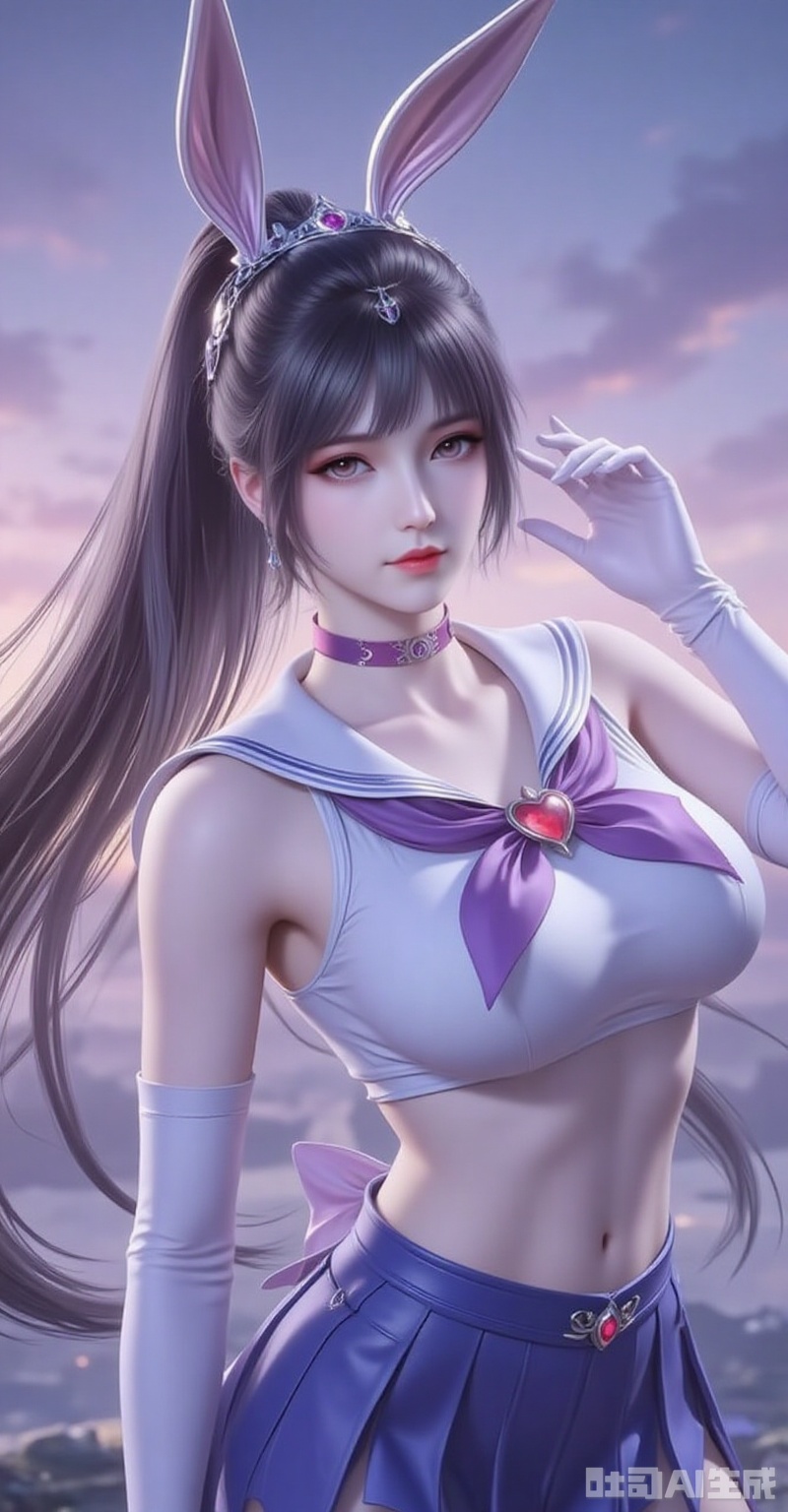 xiaowu,animal ears,rabbit ears,hair ornament,ponytail,long hair,black hair,closed mouth,bangs,cover,1girl,sailor senshi uniform,solo,jewelry,skirt,gloves,earrings,blue skirt,white gloves,sailor collar,bow,breasts,choker,elbow gloves,magical girl,back bow,covered navel,pleated skirt,looking at viewer,brooch,purple bow,heart brooch,red choker,miniskirt,closed mouth,large breasts,collarbone,red gemstone,tiara,cowboy shot, cover,gradient background,close-up details,outstanding style,adding a touch of dimension to your images without compromising details,close-up,,lvjing,,

