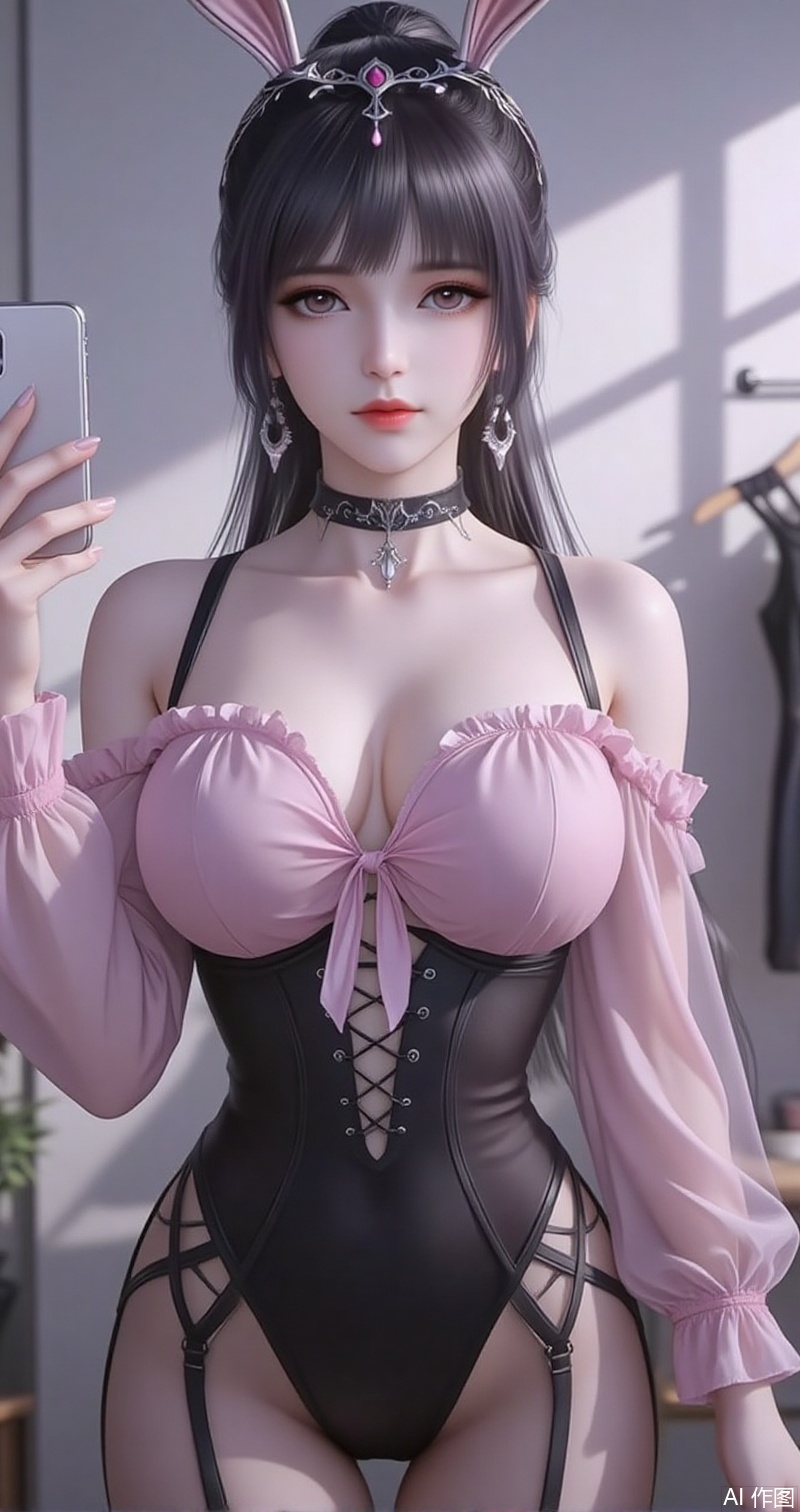 lvjing,baoshi,animal ears,rabbit ears,hair ornament,ponytail,long hair,black hair,closed mouth,bangs,
1girl,breasts,jewelry,phone,earrings,thighhighs,choker,solo,cleavage,cellphone,black choker,holding phone,bare shoulders,holding,smartphone,shirt,garter straps,black thighhighs,off-shoulder shirt,leotard,frills,selfie,collarbone,off shoulder,pink shirt,long sleeves,cross-laced clothes,standing,clothes hanger,closed mouth,cowboy shot,high-waist shorts,thighs,indoors,large breasts,see-through,shorts,medium breasts,cover,simple background,gradient background,close-up details,outstanding style,adding a touch of dimension to your images without compromising details,close-up,