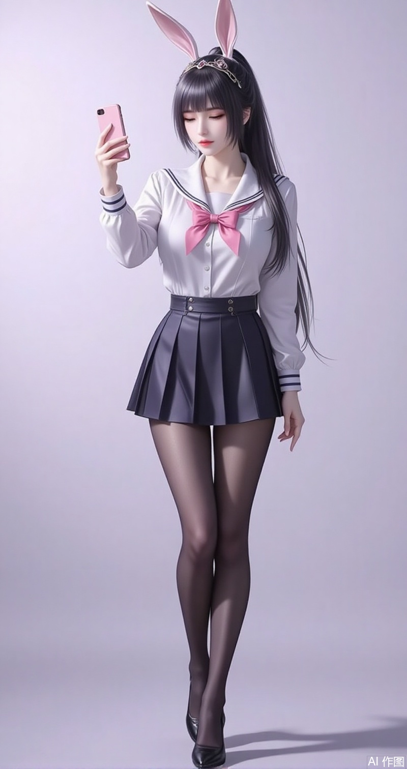 lvjing,baoshi,animal ears,rabbit ears,hair ornament,ponytail,long hair,black hair,closed mouth,bangs,
1girl, pantyhose, solo, school uniform, skirt, phone, selfie, cellphone, serafuku, smartphone, holding phone, black pantyhose, high heels, full body, holding, bow, crossed legs, standing, 3/4 view, cover, simple background, gradient background, close-up details, outstanding style, adding a touch of dimension to your images without compromising details, close-up