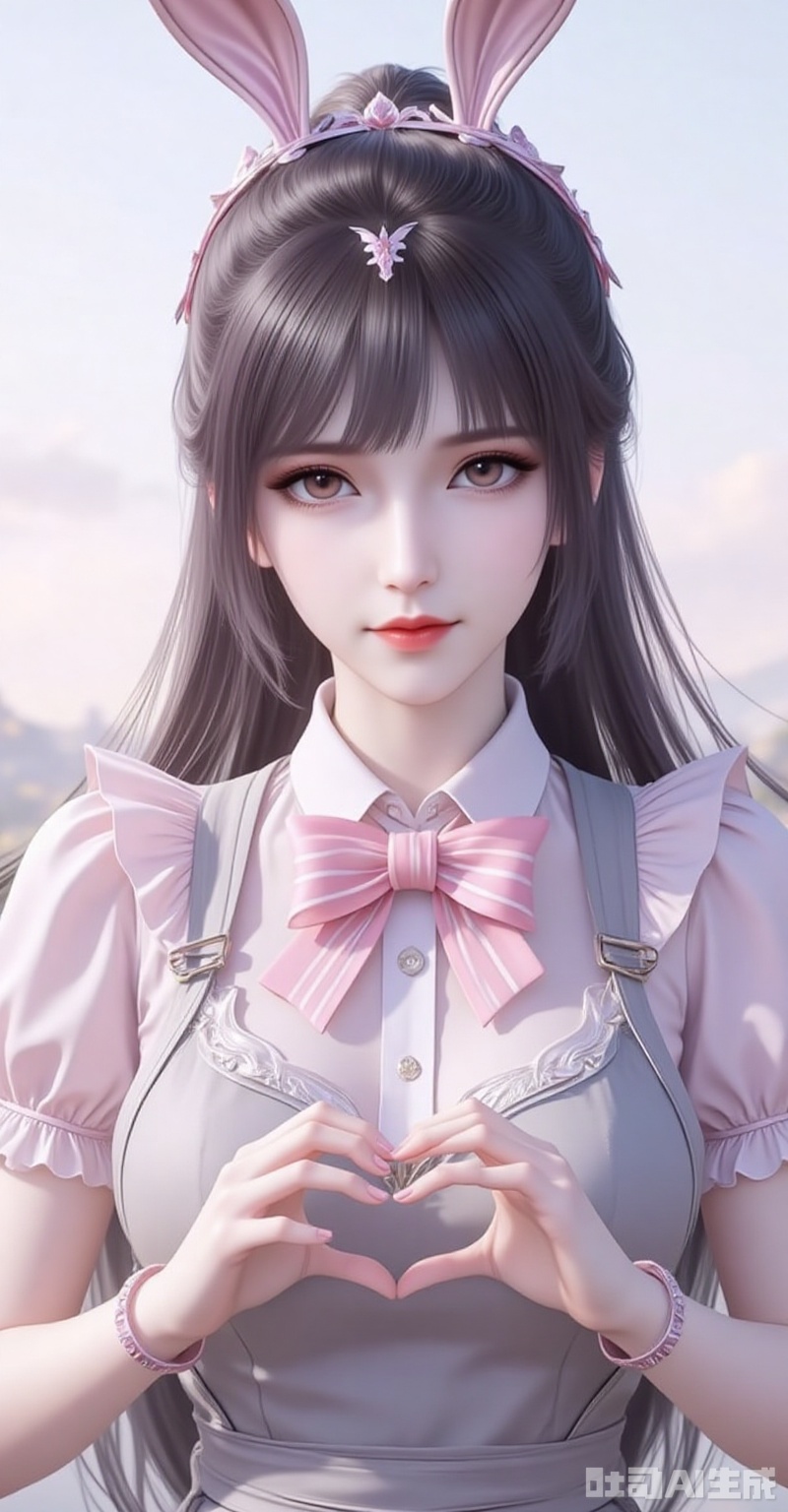 xiaowu,animal ears,rabbit ears,hair ornament,ponytail,long hair,black hair,closed mouth,bangs,1girl,solo,bandaid on hand,butterfly hair ornament,heart,long hair,apron,open mouth,pink bowtie,hair ornament,white background,pink bow,short sleeves,dress,simple background,bow,striped bow,hair between eyes,bandaid,shadow,puffy sleeves,frills,puffy short sleeves,heart hands,bowtie,hands up,grey apron,smile,looking at viewer,striped bowtie,symbol-shaped pupils,heart-shaped pupils,symbol in eye,tongue,grey bow, cover,gradient background,close-up details,outstanding style,adding a touch of dimension to your images without compromising details,close-up,,lvjing,,
