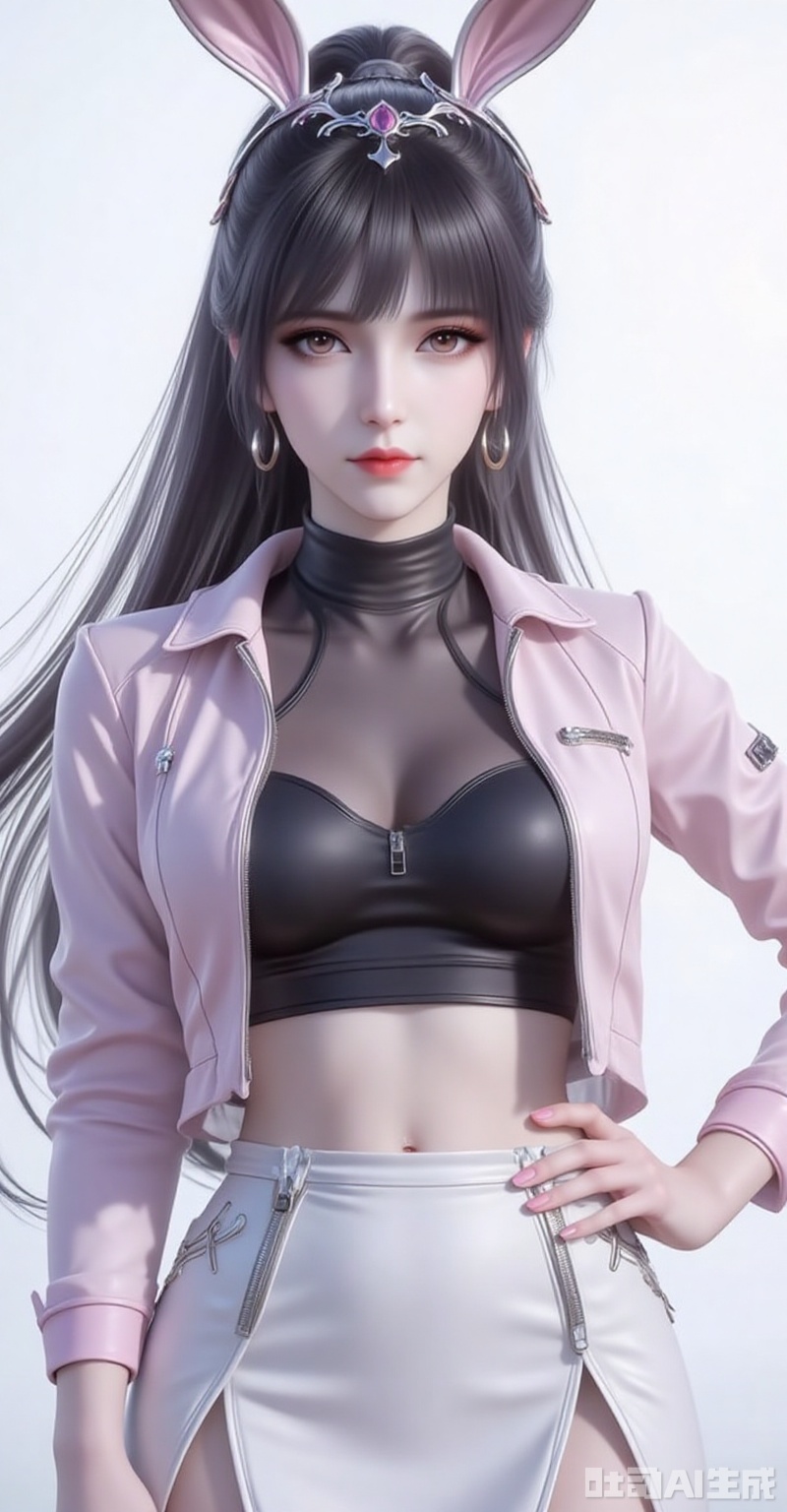 xiaowu,animal ears,rabbit ears,hair ornament,ponytail,long hair,black hair,closed mouth,bangs,1girl,solo,skirt,earrings,zipper,jewelry,see-through,navel,hand on own hip,crop top,looking at viewer,midriff,shiny clothes,zipper pull tab,long sleeves,white background,simple background,nail polish,white skirt,jacket,cowboy shot,miniskirt,closed mouth,breasts,lips,hoop earrings,latex,contrapposto,standing, cover,gradient background,close-up details,outstanding style,adding a touch of dimension to your images without compromising details,close-up,,lvjing,,

