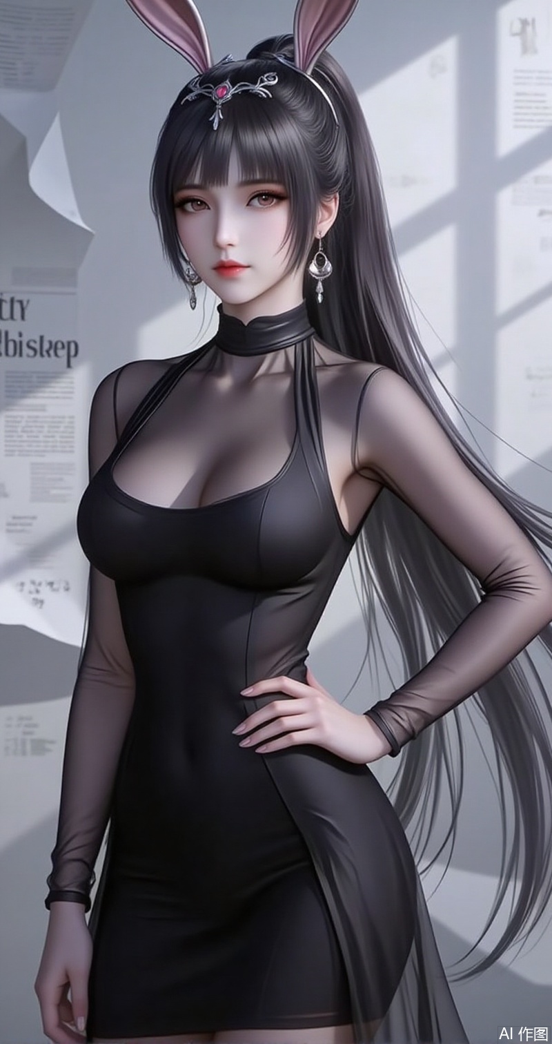 lvjing,baoshi,xiaowu,animal ears,rabbit ears,hair ornament,ponytail,long hair,black hair,closed mouth,bangs,
1girl,solo,jewelry,earrings,see-through,dress,upper body,black dress,hand on own hip,breasts,see-through sleeves,13,cover,simple background,gradient background,close-up details,outstanding style,adding a touch of dimension to your images without compromising details,close-up baozhi,paper,newspaper,the newspaper wall,newspaper background,