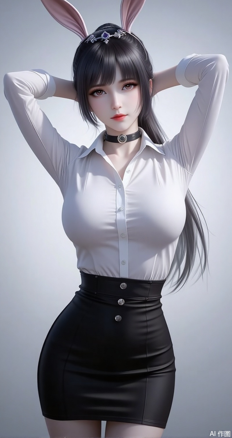 lvjing,baoshi,animal ears,rabbit ears,hair ornament,ponytail,long hair,black hair,closed mouth,bangs,
1girl,solo,shirt,pencil skirt,skirt,white shirt,black skirt,looking at viewer,collared shirt,collar,thighhighs,long sleeves,arms up,arms behind head,choker,breasts,high-waist skirt,red lips,office lady,lips,standing,cowboy shot,indoors,buttons,black thighhighs,dress shirt,realistic,black choker,cover,simple background,gradient background,close-up details,outstanding style,adding a touch of dimension to your images without compromising details,close-up,