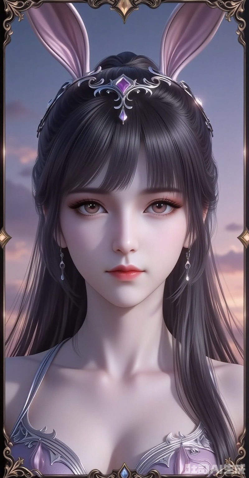 xiaowu,animal ears,rabbit ears,hair ornament,ponytail,long hair,black hair,closed mouth,bangs,1girl,solo,earrings,jewelry,looking at viewer,breasts,tarot,collarbone,upper body,dress,closed mouth,card \(medium\),tarot \(medium\),frills,border cover,gradient background,close-up details,outstanding style,adding a touch of dimension to your images without compromising details,close-up,,lvjing,