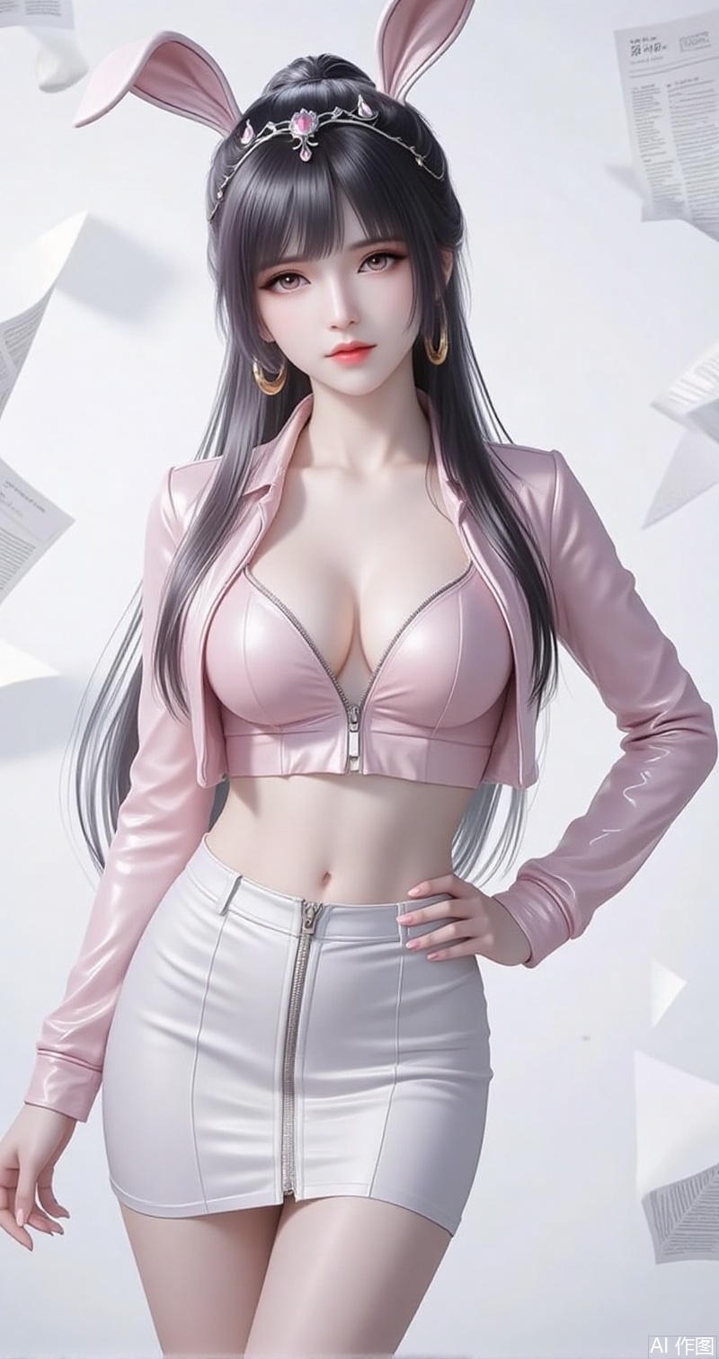 lvjing,baoshi,xiaowu,animal ears,rabbit ears,hair ornament,ponytail,long hair,black hair,closed mouth,bangs,
1girl,solo,skirt,earrings,zipper,jewelry,see-through,navel,hand on own hip,crop top,looking at viewer,midriff,shiny clothes,zipper pull tab,long sleeves,white background,simple background,nail polish,white skirt,jacket,cowboy shot,miniskirt,closed mouth,breasts,lips,hoop earrings,latex,contrapposto,standing,9,cover,simple background,gradient background,close-up details,outstanding style,adding a touch of dimension to your images without compromising details,close-up, baozhi,paper,newspaper,the newspaper wall,newspaper background,