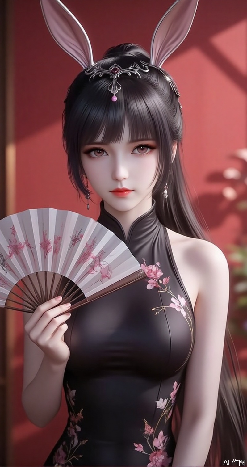 lvjing,baoshi,xiaowu,animal ears,rabbit ears,hair ornament,ponytail,long hair,black hair,closed mouth,bangs,
1girl,dress,hand fan,holding,solo,earrings,jewelry,chinese clothes,china dress,black dress,holding fan,floral print,blurry,sleeveless,looking at viewer,sleeveless dress,red background,folding fan,standing,head tilt,2,cover,simple background,gradient background,close-up details,outstanding style,adding a touch of dimension to your images without compromising details,close_up, baozhi,paper,newspaper,the newspaper wall,newspaper background,