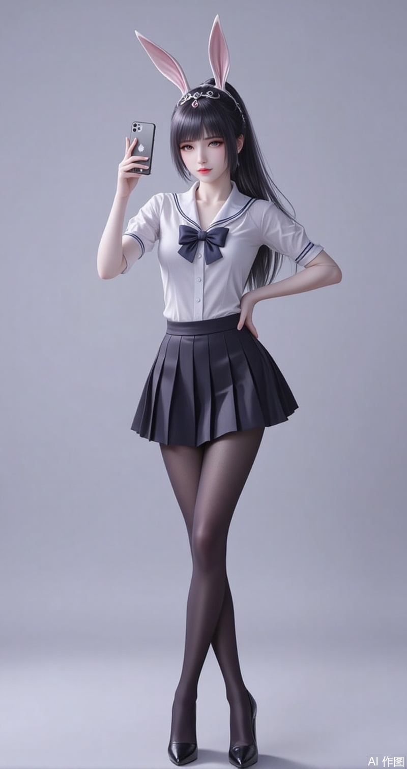 lvjing,baoshi,animal ears,rabbit ears,hair ornament,ponytail,long hair,black hair,closed mouth,bangs,
1girl, pantyhose, solo, school uniform, skirt, phone, selfie, cellphone, serafuku, smartphone, holding phone, black pantyhose, high heels, full body, holding, bow, crossed legs, standing, 3/4 view, cover, simple background, gradient background, close-up details, outstanding style, adding a touch of dimension to your images without compromising details, close-up