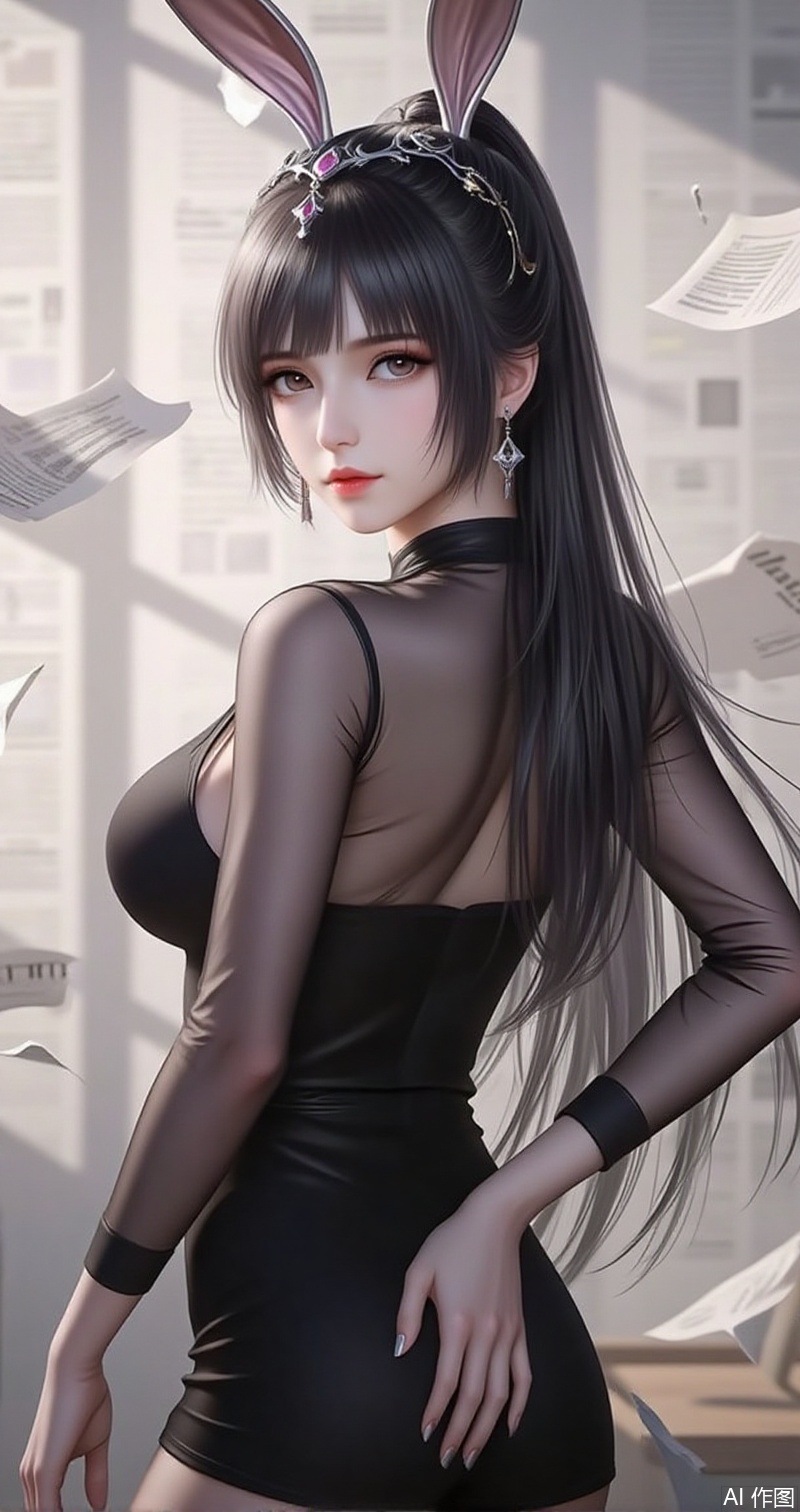 lvjing,baoshi,xiaowu,animal ears,rabbit ears,hair ornament,ponytail,long hair,black hair,closed mouth,bangs,
1girl,solo,jewelry,earrings,see-through,dress,upper body,black dress,hand on own hip,breasts,see-through sleeves,13,cover,simple background,gradient background,close-up details,outstanding style,adding a touch of dimension to your images without compromising details,close-up baozhi,paper,newspaper,the newspaper wall,newspaper background,