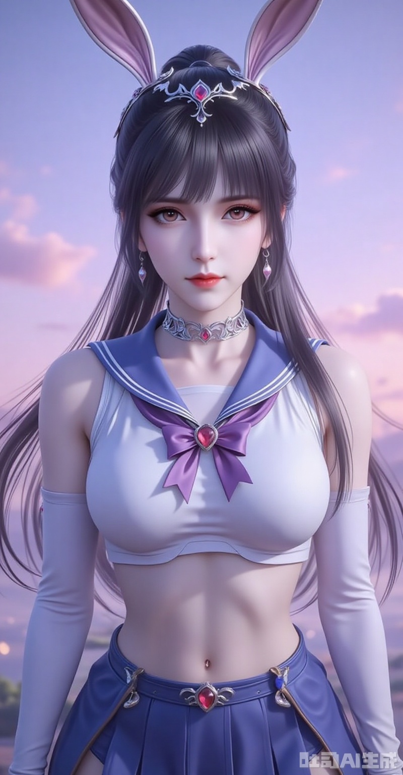 xiaowu,animal ears,rabbit ears,hair ornament,ponytail,long hair,black hair,closed mouth,bangs,cover,1girl,sailor senshi uniform,solo,jewelry,skirt,gloves,earrings,blue skirt,white gloves,sailor collar,bow,breasts,choker,elbow gloves,magical girl,back bow,covered navel,pleated skirt,looking at viewer,brooch,purple bow,heart brooch,red choker,miniskirt,closed mouth,large breasts,collarbone,red gemstone,tiara,cowboy shot, cover,gradient background,close-up details,outstanding style,adding a touch of dimension to your images without compromising details,close-up,,lvjing,,

