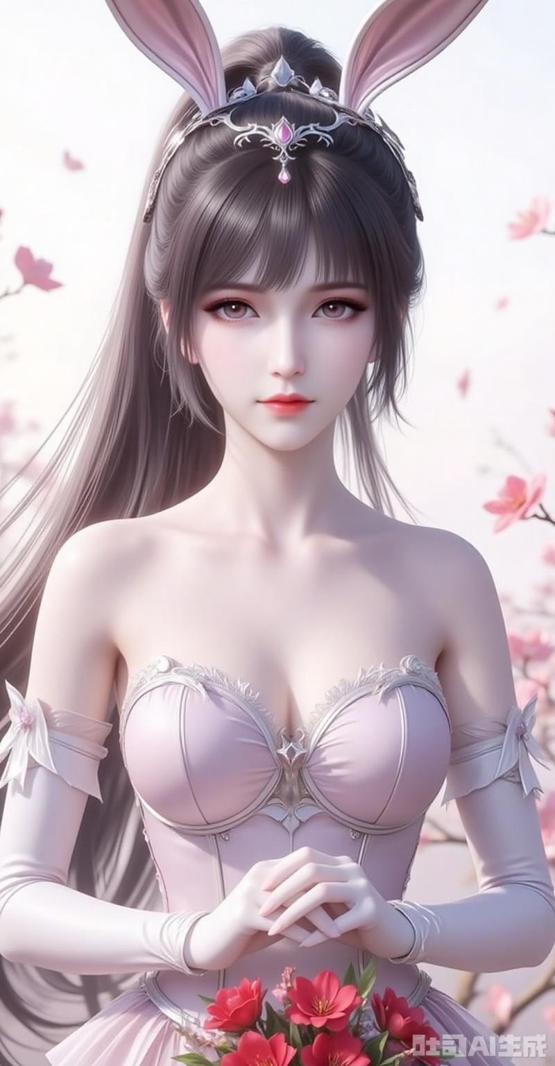 xiaowu,animal ears,rabbit ears,hair ornament,ponytail,long hair,black hair,closed mouth,bangs,elbow_gloves,frilled_skirt,holding_bouquet,highres,cherry_blossoms,strapless_dress,white_gloves,looking_at_viewer,red_flower,solo,collarbone,own_hands_together,:d,white_background,backlighting,black_bow,bare_shoulders,frilled_dress,hair_bow,wedding_dress,commentary_request,1girl,petals,simple_background,blush,cowboy_shot, cover,gradient background,close-up details,outstanding style,adding a touch of dimension to your images without compromising details,close-up,,lvjing,,