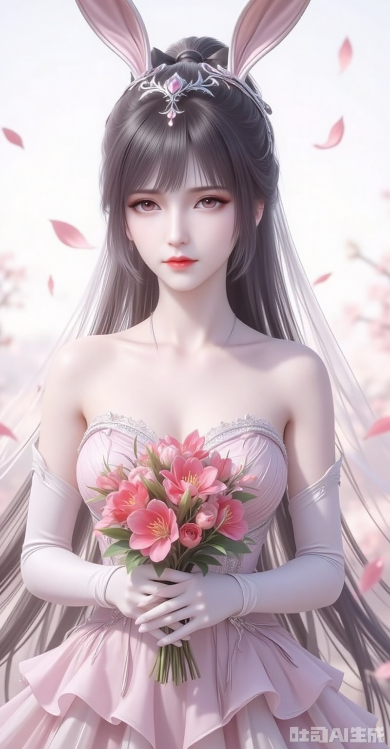 xiaowu,animal ears,rabbit ears,hair ornament,ponytail,long hair,black hair,closed mouth,bangs,elbow_gloves,frilled_skirt,holding_bouquet,highres,cherry_blossoms,strapless_dress,white_gloves,looking_at_viewer,red_flower,solo,collarbone,own_hands_together,:d,white_background,backlighting,black_bow,bare_shoulders,frilled_dress,hair_bow,wedding_dress,commentary_request,1girl,petals,simple_background,blush,cowboy_shot, cover,gradient background,close-up details,outstanding style,adding a touch of dimension to your images without compromising details,close-up,,lvjing,,