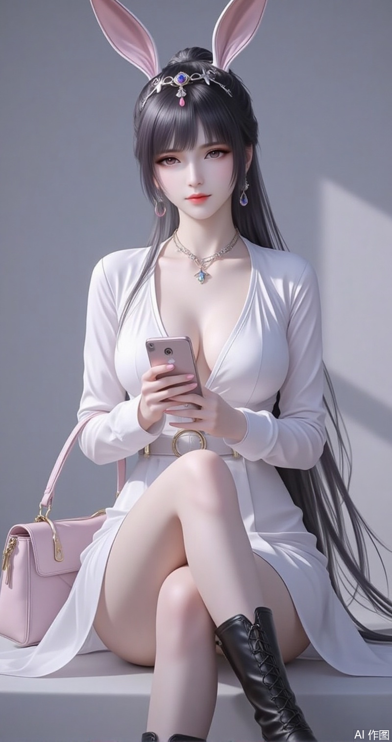 lvjing,baoshi,xiaowu,animal ears,rabbit ears,hair ornament,ponytail,long hair,black hair,closed mouth,bangs,
1girl,jewelry,handbag,earrings,breasts,boots,necklace,bag,solo,dress,phone,high heels,black footwear,high heel boots,sitting,white dress,cellphone,plunging neckline,large breasts,crossed legs,holding,belt,looking at viewer,cleavage,smartphone,holding phone,simple background,full body,realistic,lips,long sleeves,closed mouth,cover,simple background,gradient_background,Close-up details,outstanding style,adding a touch of dimension to your images without compromising details,close-up,
