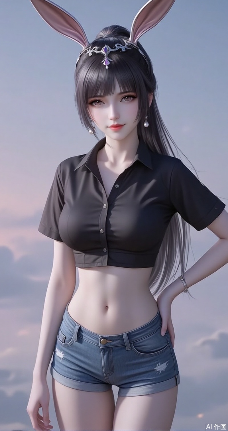 lvjing,baoshi,xiaowu,animal ears,rabbit ears,hair ornament,ponytail,long hair,black hair,closed mouth,bangs,
1girl,solo,shorts,earrings,jewelry,navel,crop top,shirt,midriff,cropped shirt,breasts,short shorts,black shirt,denim,looking at viewer,denim shorts,smile,hand on own hip,short sleeves,cowboy shot,large breasts,collarbone,blue shorts,closed mouth,pearl earrings,stomach,cutoffs,thighs,standing,27,cover,simple background,gradient background,close-up details,outstanding style,adding a touch of dimension to your images without compromising details,close-up