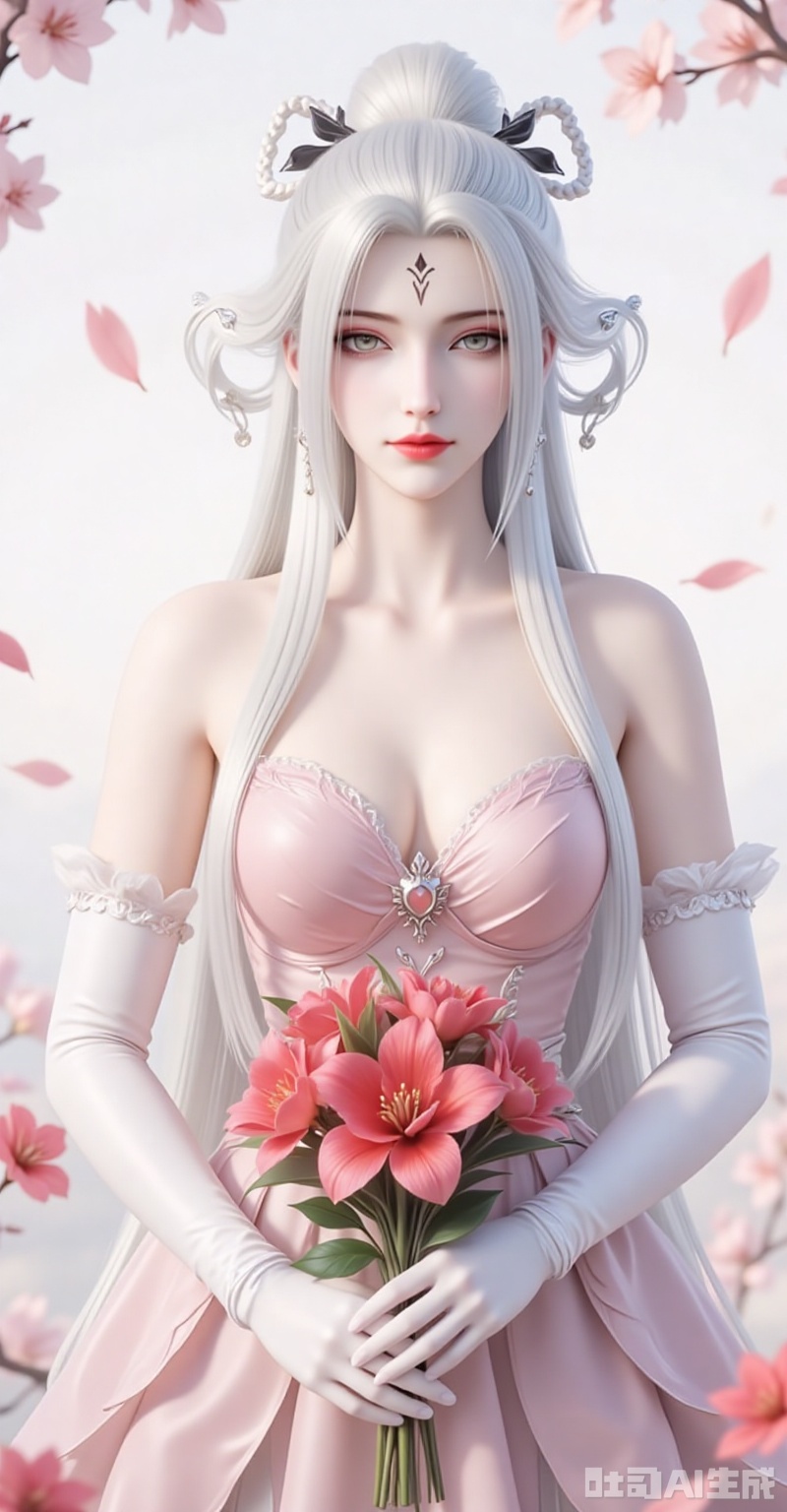 xiaobai,1girl,solo,jewelry,earrings,white hair,hair ornament,long hair,facial mark,forehead mark,braid,red lips,closed mouth,makeup,grey eyes,hair rings,looking at viewer,elbow_gloves,frilled_skirt,holding_bouquet,highres,cherry_blossoms,strapless_dress,white_gloves,looking_at_viewer,red_flower,solo,collarbone,own_hands_together,:d,white_background,backlighting,black_bow,bare_shoulders,frilled_dress,hair_bow,wedding_dress,commentary_request,1girl,petals,simple_background,blush,cowboy_shot, cover,gradient background,close-up details,outstanding style,adding a touch of dimension to your images without compromising details,close-up,,lvjing,,