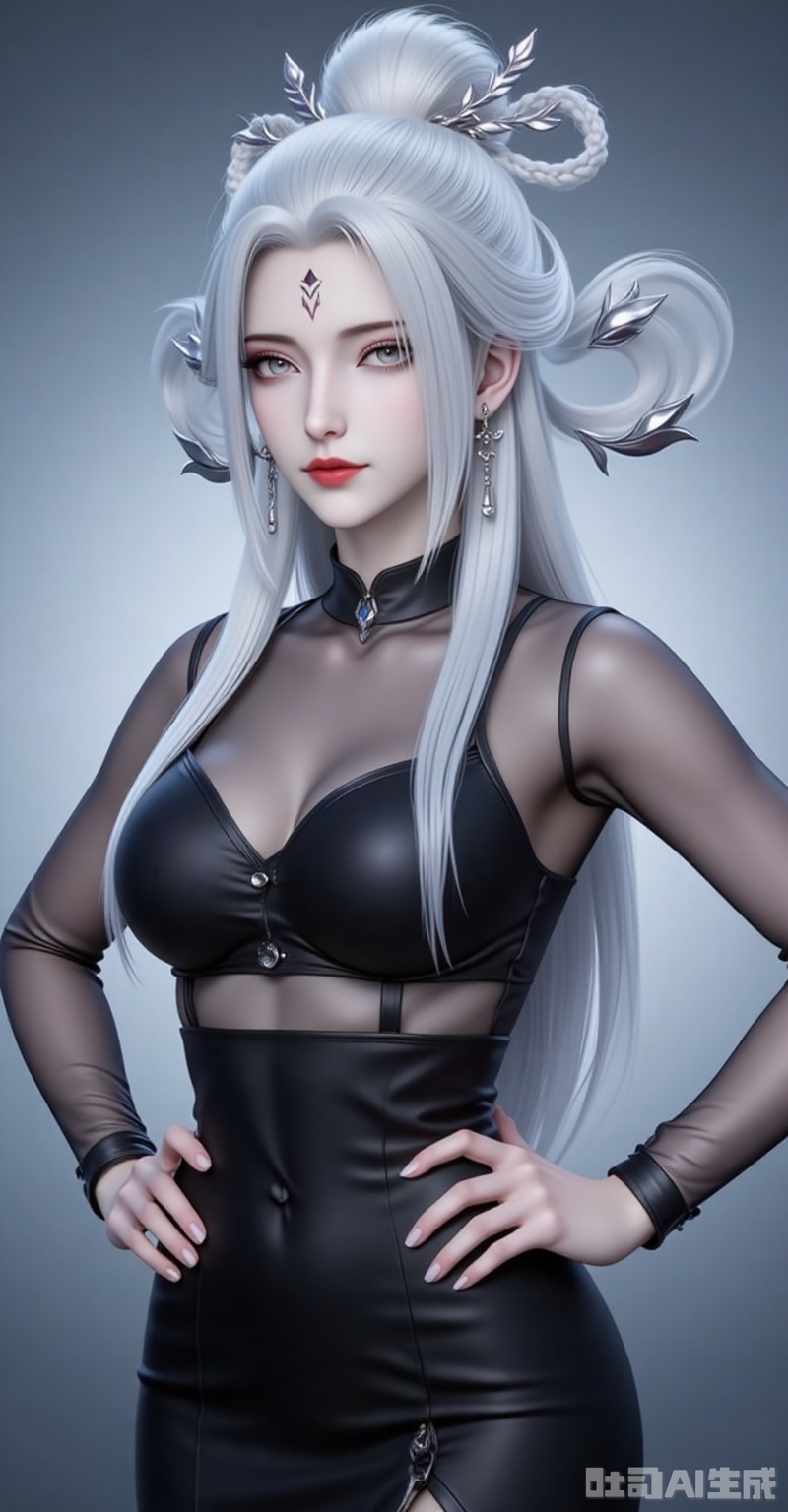 xiaobai,1girl,solo,jewelry,earrings,white hair,hair ornament,long hair,facial mark,forehead mark,braid,red lips,closed mouth,makeup,grey eyes,hair rings,looking at viewer,1girl,solo,jewelry,earrings,see-through,dress,upper body,black dress,hand on own hip,breasts,see-through sleeves, cover,gradient background,close-up details,outstanding style,adding a touch of dimension to your images without compromising details,close-up,,lvjing,,