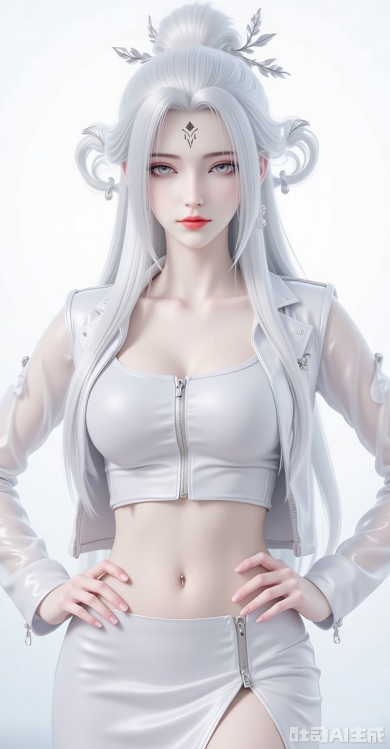 xiaobai,1girl,solo,jewelry,earrings,white hair,hair ornament,long hair,facial mark,forehead mark,braid,red lips,closed mouth,makeup,grey eyes,hair rings,looking at viewer,1girl,solo,skirt,earrings,zipper,jewelry,see-through,navel,hand on own hip,crop top,looking at viewer,midriff,shiny clothes,zipper pull tab,long sleeves,white background,simple background,nail polish,white skirt,jacket,cowboy shot,miniskirt,closed mouth,breasts,lips,hoop earrings,latex,contrapposto,standing, cover,gradient background,close-up details,outstanding style,adding a touch of dimension to your images without compromising details,close-up,,lvjing,,