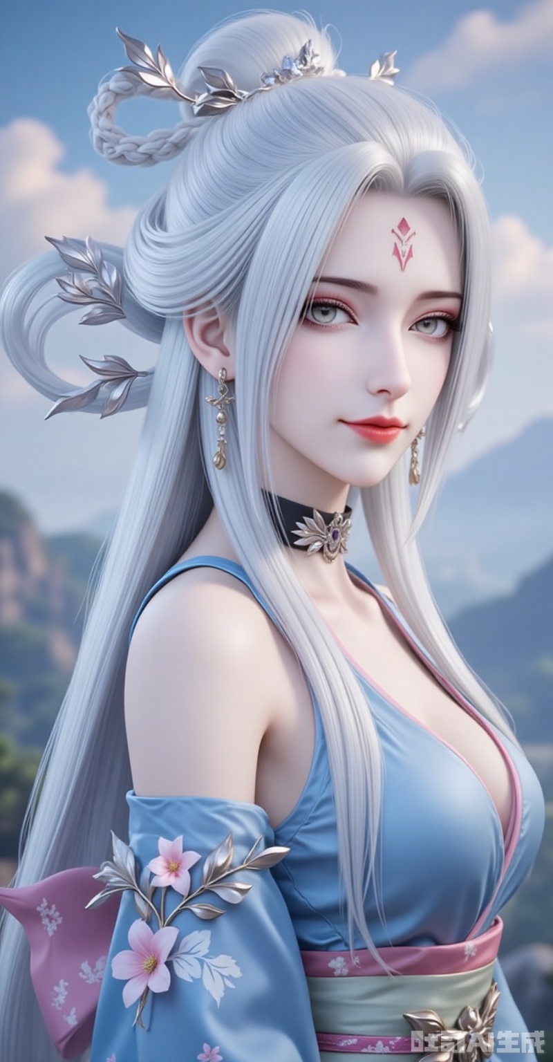 xiaobai,1girl,solo,jewelry,earrings,white hair,hair ornament,long hair,facial mark,forehead mark,braid,red lips,closed mouth,makeup,grey eyes,hair rings,looking at viewer,1girl,breasts,solo,japanese clothes,hair ornament,kimono,flower,hair flower,sash,blue kimono,large breasts,choker,looking at viewer,cleavage,bare shoulders,obi,off shoulder,earrings,smile,jewelry,floral print,closed mouth,makeup,from side,long sleeves, cover,gradient background,close-up details,outstanding style,adding a touch of dimension to your images without compromising details,close-up,,lvjing,,