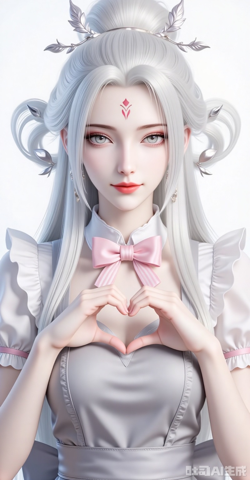 xiaobai,1girl,solo,jewelry,earrings,white hair,hair ornament,long hair,facial mark,forehead mark,braid,red lips,closed mouth,makeup,grey eyes,hair rings,looking at viewer,1girl,solo,bandaid on hand,butterfly hair ornament,heart,long hair,apron,open mouth,pink bowtie,hair ornament,white background,pink bow,short sleeves,dress,simple background,bow,striped bow,hair between eyes,bandaid,shadow,puffy sleeves,frills,puffy short sleeves,heart hands,bowtie,hands up,grey apron,smile,looking at viewer,striped bowtie,symbol-shaped pupils,heart-shaped pupils,symbol in eye,tongue,grey bow, cover,gradient background,close-up details,outstanding style,adding a touch of dimension to your images without compromising details,close-up,,lvjing,,