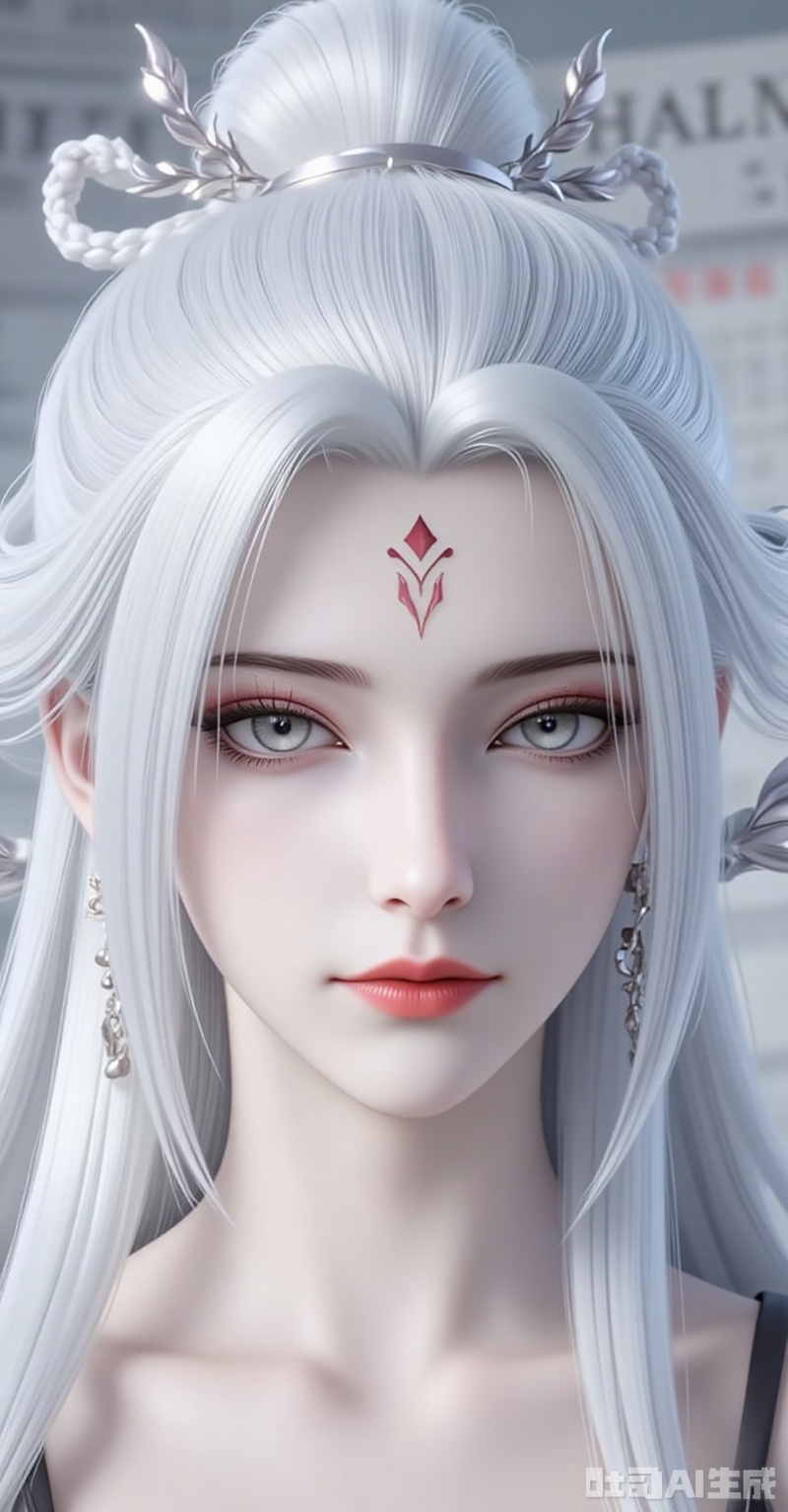xiaobai,1girl,solo,jewelry,earrings,white hair,hair ornament,long hair,facial mark,forehead mark,braid,red lips,closed mouth,makeup,grey eyes,hair rings,looking at viewer,cover,gradient background,close-up details,outstanding style,adding a touch of dimension to your images without compromising details,close-up,,lvjing,,baoshi,,baozhi,paper,newspaper,the newspaper wall,newspaper background,