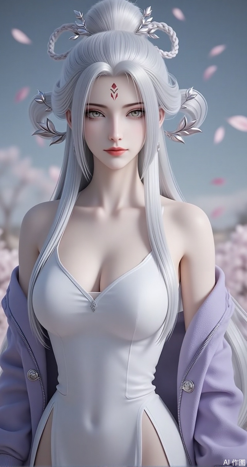 lvjing,baoshi,xiaobai,1girl,solo,jewelry,earrings,white hair,hair ornament,long hair,facial mark,forehead mark,braid,red lips,closed mouth,makeup,grey eyes,hair rings,looking at viewer,
1girl, solo, breasts, white dress, dress, petals, large breasts, arms at sides, collarbone, purple cardigan, long sleeves, open clothes, coat, taut clothes, purple jacket, cowboy shot, standing,50, cover,simple background,gradient_background,Close-up details,outstanding style,adding a touch of dimension to your images without compromising details,close-up,