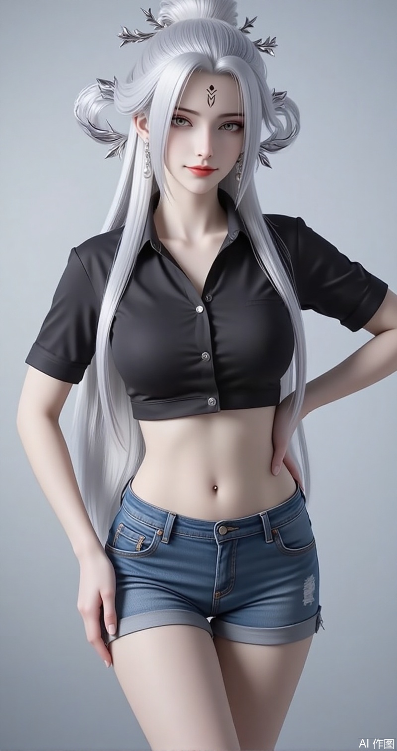 lvjing,baoshi,xiaobai,1girl,solo,jewelry,earrings,white hair,hair ornament,long hair,facial mark,forehead mark,braid,red lips,closed mouth,makeup,grey eyes,hair rings,looking at viewer,
1girl,solo,shorts,earrings,jewelry,navel,crop top,shirt,midriff,cropped shirt,breasts,short shorts,black shirt,denim,looking at viewer,denim shorts,smile,hand on own hip,short sleeves,cowboy shot,large breasts,collarbone,blue shorts,closed mouth,pearl earrings,stomach,cutoffs,thighs,standing,27,cover,simple background,gradient background,close-up details,outstanding style,adding a touch of dimension to your images without compromising details,close-up,