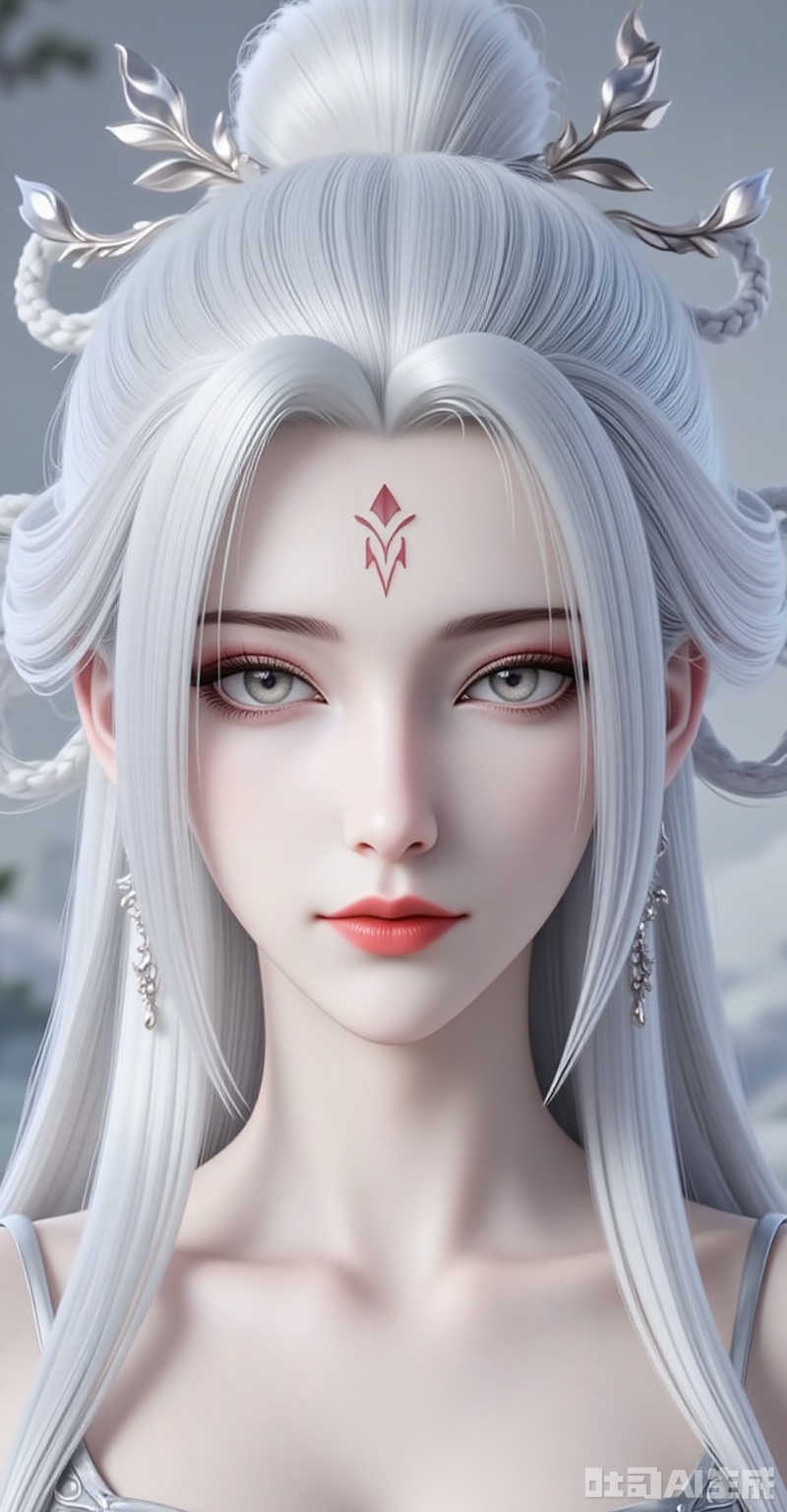 xiaobai,1girl,solo,jewelry,earrings,white hair,hair ornament,long hair,facial mark,forehead mark,braid,red lips,closed mouth,makeup,grey eyes,hair rings,looking at viewer,cover,gradient background,close-up details,outstanding style,adding a touch of dimension to your images without compromising details,close-up,,lvjing,,baoshi,,baozhi,paper,newspaper,the newspaper wall,newspaper background,
