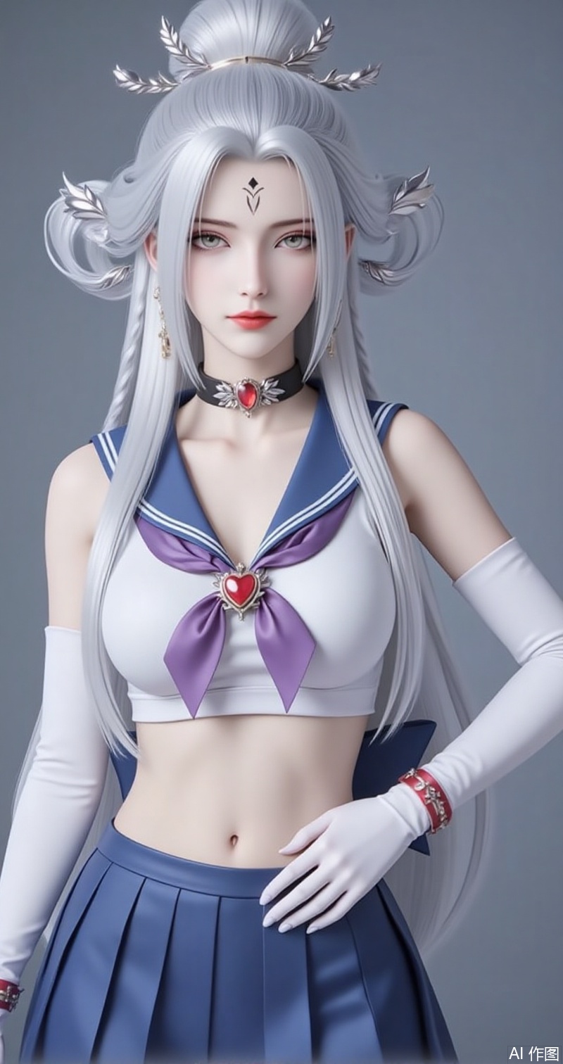 lvjing,baoshi,xiaobai,1girl,solo,jewelry,earrings,white hair,hair ornament,long hair,facial mark,forehead mark,braid,red lips,closed mouth,makeup,grey eyes,hair rings,looking at viewer,
1girl,sailor senshi uniform,solo,jewelry,skirt,gloves,earrings,blue skirt,white gloves,sailor collar,bow,breasts,choker,elbow gloves,magical girl,back bow,covered navel,pleated skirt,looking at viewer,brooch,purple bow,heart brooch,red choker,miniskirt,closed mouth,large breasts,collarbone,red gemstone,tiara,cowboy shot,simple background,gradient background,close-up details,outstanding style,adding a touch of dimension to your images without compromising details,close-up,