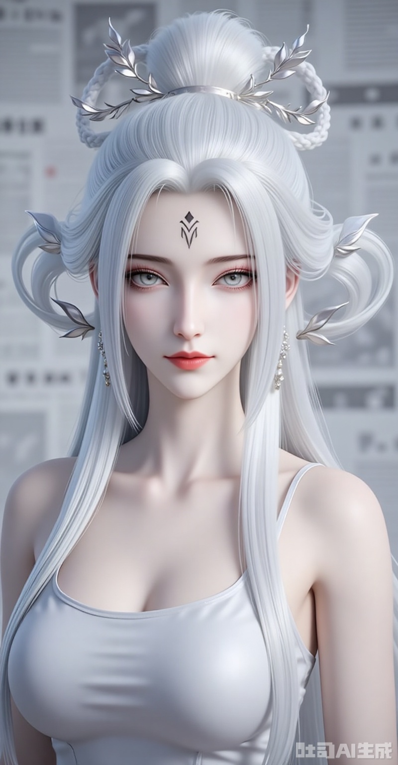 xiaobai,1girl,solo,jewelry,earrings,white hair,hair ornament,long hair,facial mark,forehead mark,braid,red lips,closed mouth,makeup,grey eyes,hair rings,looking at viewer,cover,gradient background,close-up details,outstanding style,adding a touch of dimension to your images without compromising details,close-up,,lvjing,,baoshi,,baozhi,paper,newspaper,the newspaper wall,newspaper background,