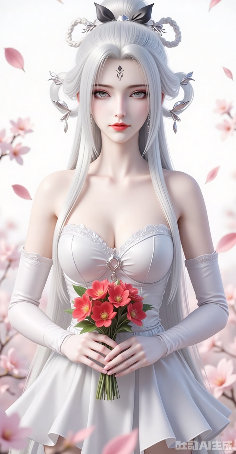 xiaobai,1girl,solo,jewelry,earrings,white hair,hair ornament,long hair,facial mark,forehead mark,braid,red lips,closed mouth,makeup,grey eyes,hair rings,looking at viewer,elbow_gloves,frilled_skirt,holding_bouquet,highres,cherry_blossoms,strapless_dress,white_gloves,looking_at_viewer,red_flower,solo,collarbone,own_hands_together,:d,white_background,backlighting,black_bow,bare_shoulders,frilled_dress,hair_bow,wedding_dress,commentary_request,1girl,petals,simple_background,blush,cowboy_shot, cover,gradient background,close-up details,outstanding style,adding a touch of dimension to your images without compromising details,close-up,,lvjing,,