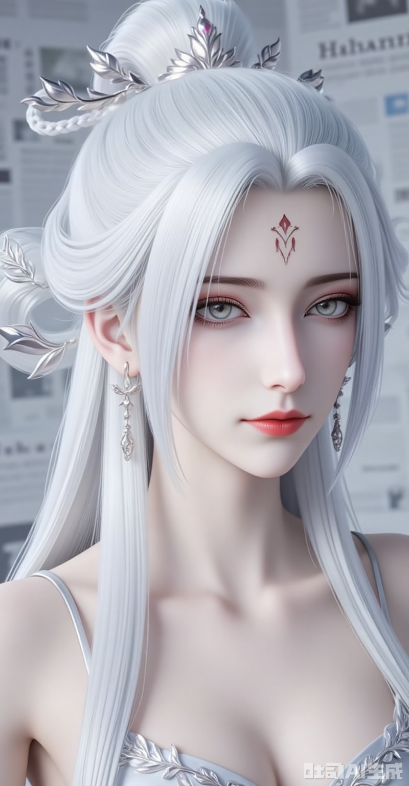 xiaobai,1girl,solo,jewelry,earrings,white hair,hair ornament,long hair,facial mark,forehead mark,braid,red lips,closed mouth,makeup,grey eyes,hair rings,looking at viewer,cover,gradient background,close-up details,outstanding style,adding a touch of dimension to your images without compromising details,close-up,,lvjing,,baoshi,,baozhi,paper,newspaper,the newspaper wall,newspaper background,