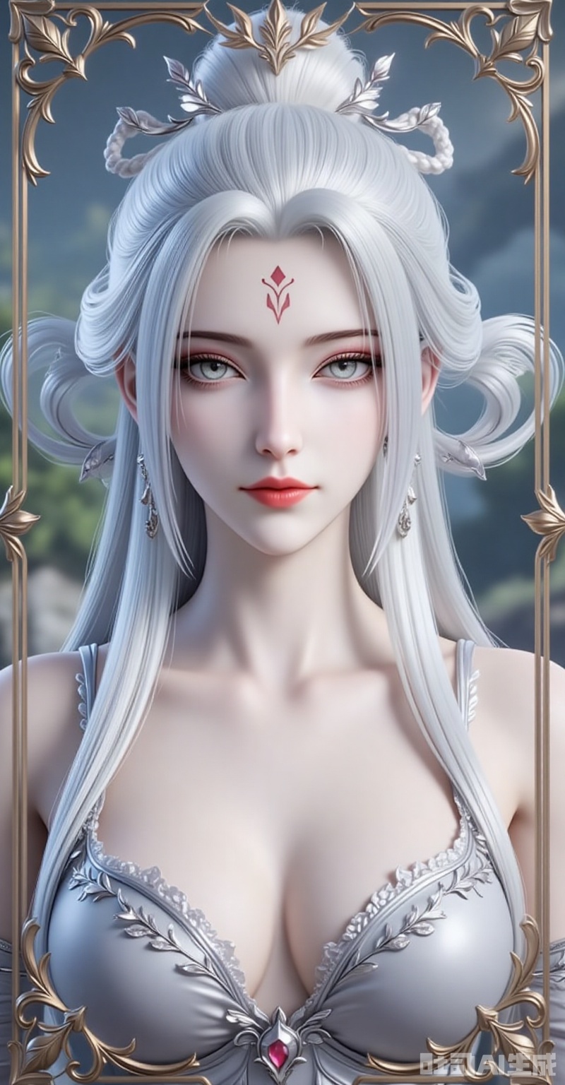 xiaobai,1girl,solo,jewelry,earrings,white hair,hair ornament,long hair,facial mark,forehead mark,braid,red lips,closed mouth,makeup,grey eyes,hair rings,looking at viewer,1girl,solo,earrings,jewelry,looking at viewer,breasts,tarot,collarbone,upper body,dress,closed mouth,card \(medium\),tarot \(medium\),frills,border cover,gradient background,close-up details,outstanding style,adding a touch of dimension to your images without compromising details,close-up,,lvjing,