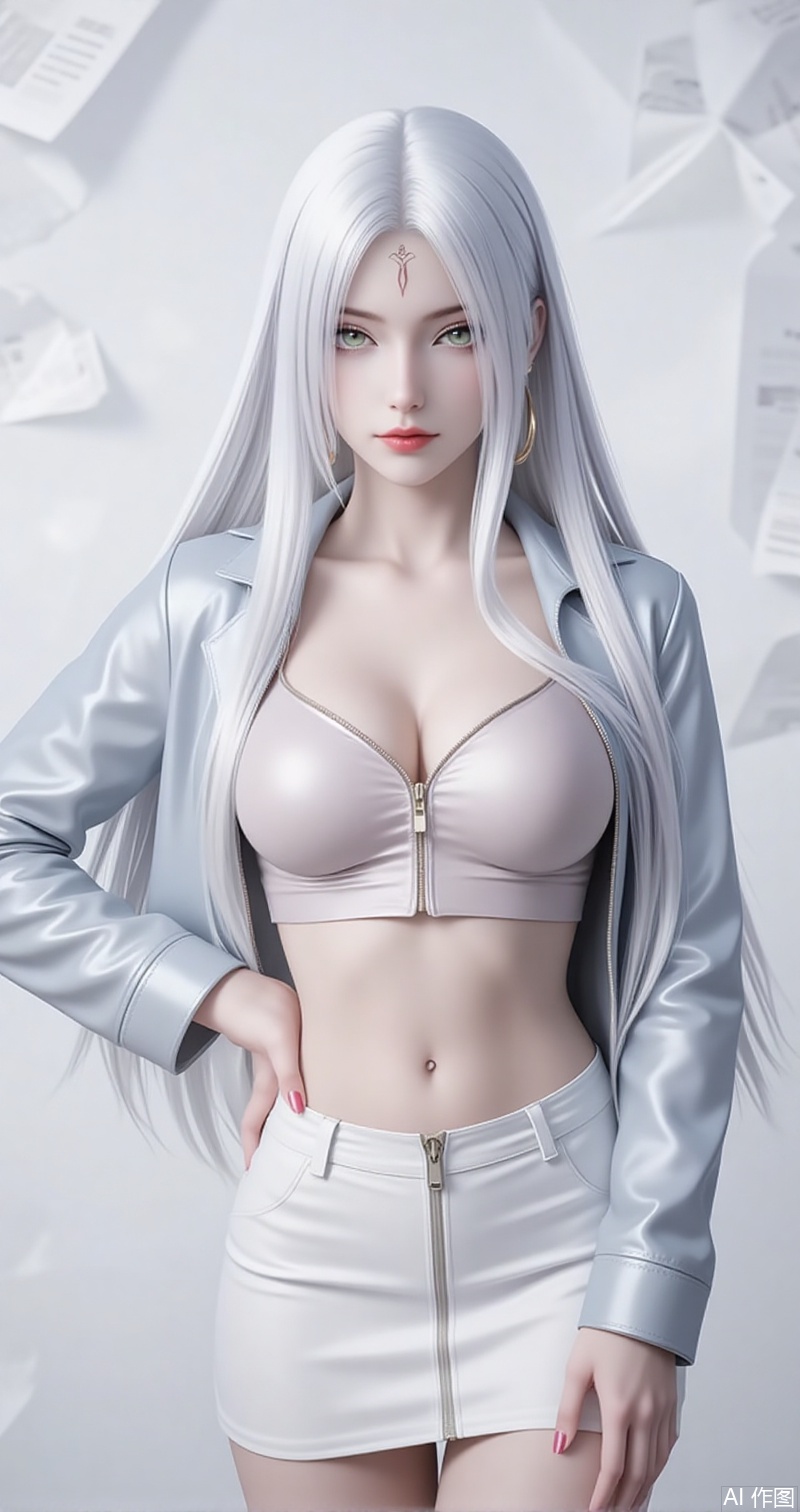 lvjing,baoshi,xiaobai,solo,long hair,white hair,1girl,facial mark,forehead mark,looking at viewer,red lips,lips,green eyes,closed mouth,makeup,parted bangs,parted lips,
1girl,solo,skirt,earrings,zipper,jewelry,see-through,navel,hand on own hip,crop top,looking at viewer,midriff,shiny clothes,zipper pull tab,long sleeves,white background,simple background,nail polish,white skirt,jacket,cowboy shot,miniskirt,closed mouth,breasts,lips,hoop earrings,latex,contrapposto,standing,9,cover,simple background,gradient background,close-up details,outstanding style,adding a touch of dimension to your images without compromising details,close-up, baozhi,paper,newspaper,the newspaper wall,newspaper background,